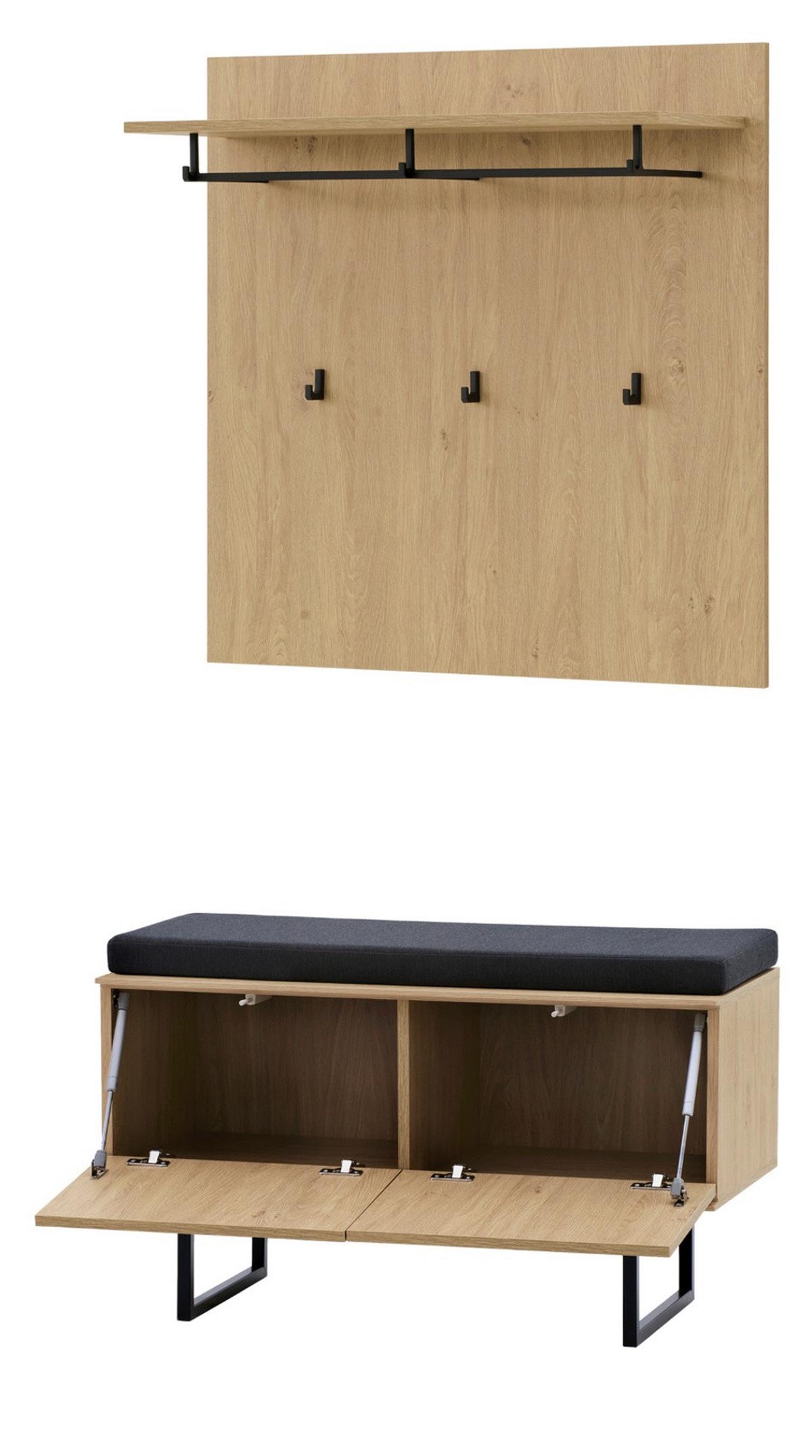GARDEROBE-SET Stone Eiche 3-teilig 90 cm, Garderobenkombination in modernem Design - Eichefarben/Schwarz, Holzwerkstoff/Metall (90/200/40cm) - Furn.Design