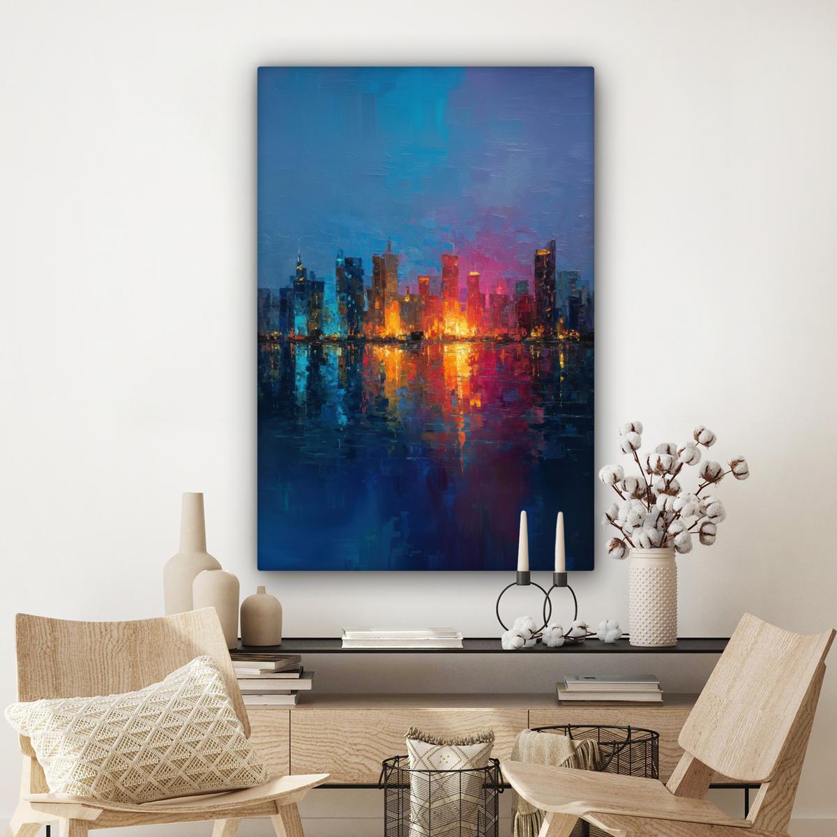 LEINWANDBILD Skyline - Pinselstriche - Dunkelblau - Leuchtend Deko XXL 80x120 cm - Blau, Textil (80/120cm) - MuchoWow