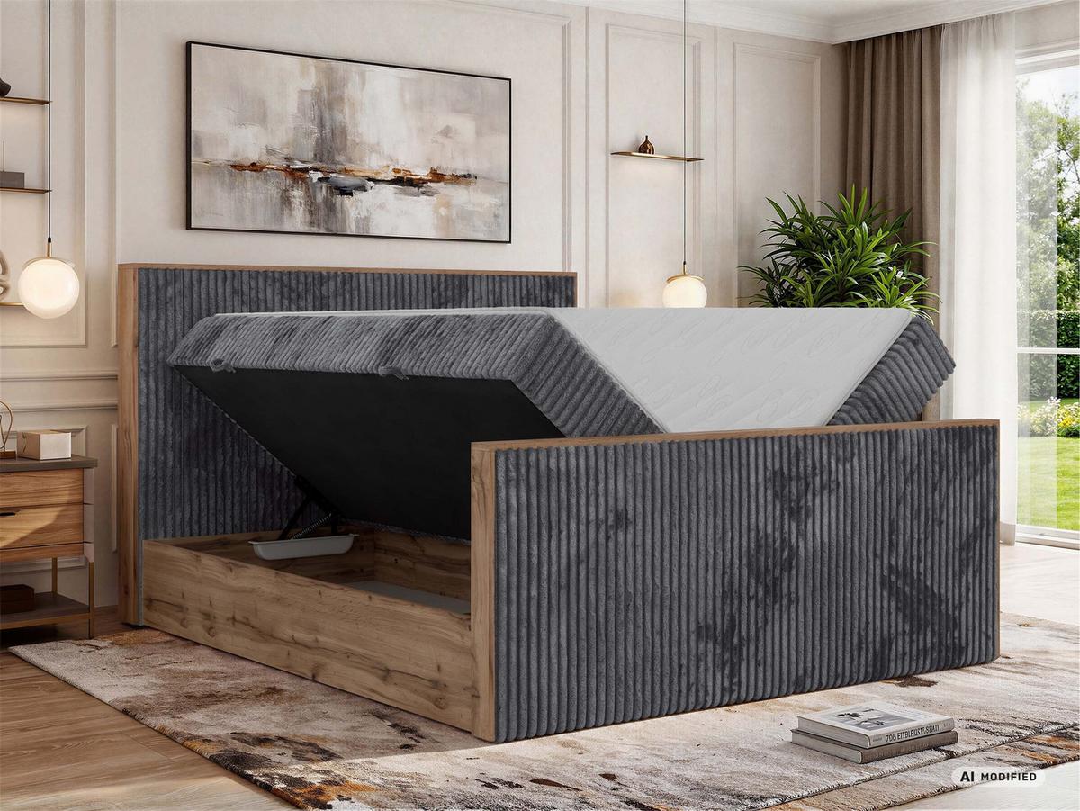 BOXBETT WOOD DUO 140/200 - Grau Cord - Topper Visco - H3 - Schwarz/Grau, Kunststoff/Textil (140/200cm) - MKS