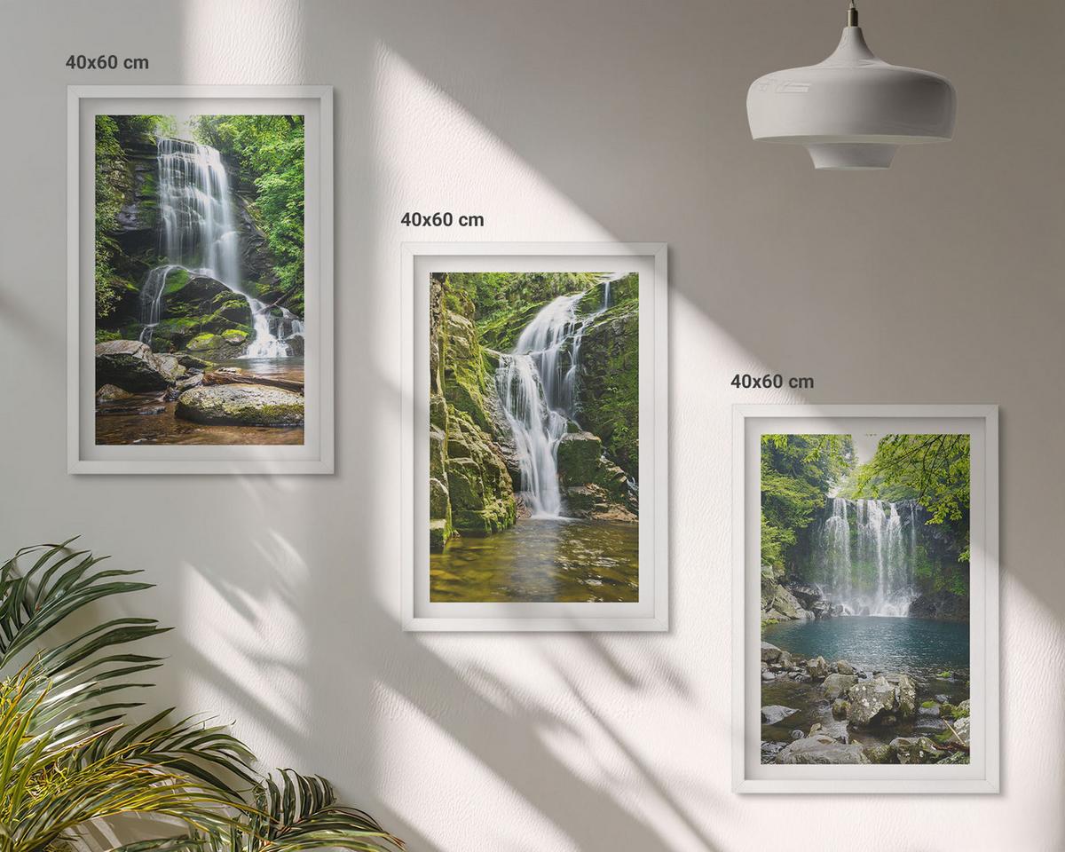 BILDER SET 3er Set - 40x60 cm Weißer Rahmen - Wasserfälle, grüne Umgebung - Weiß, Kunststoff (40/60cm) - TULUP