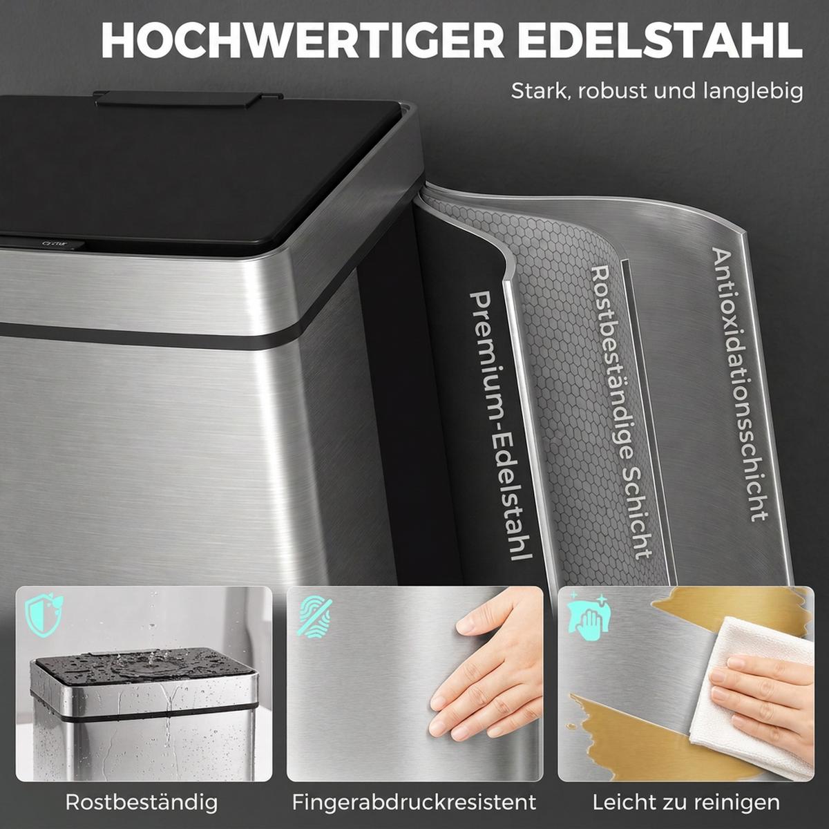 MÜLLEIMER Mülltrennsystem Abfalleimer mit Sensor 72 l 3 Fächer Edelstahl Silber - Silberfarben, Metall (30/81/42cm) - HOMCOM