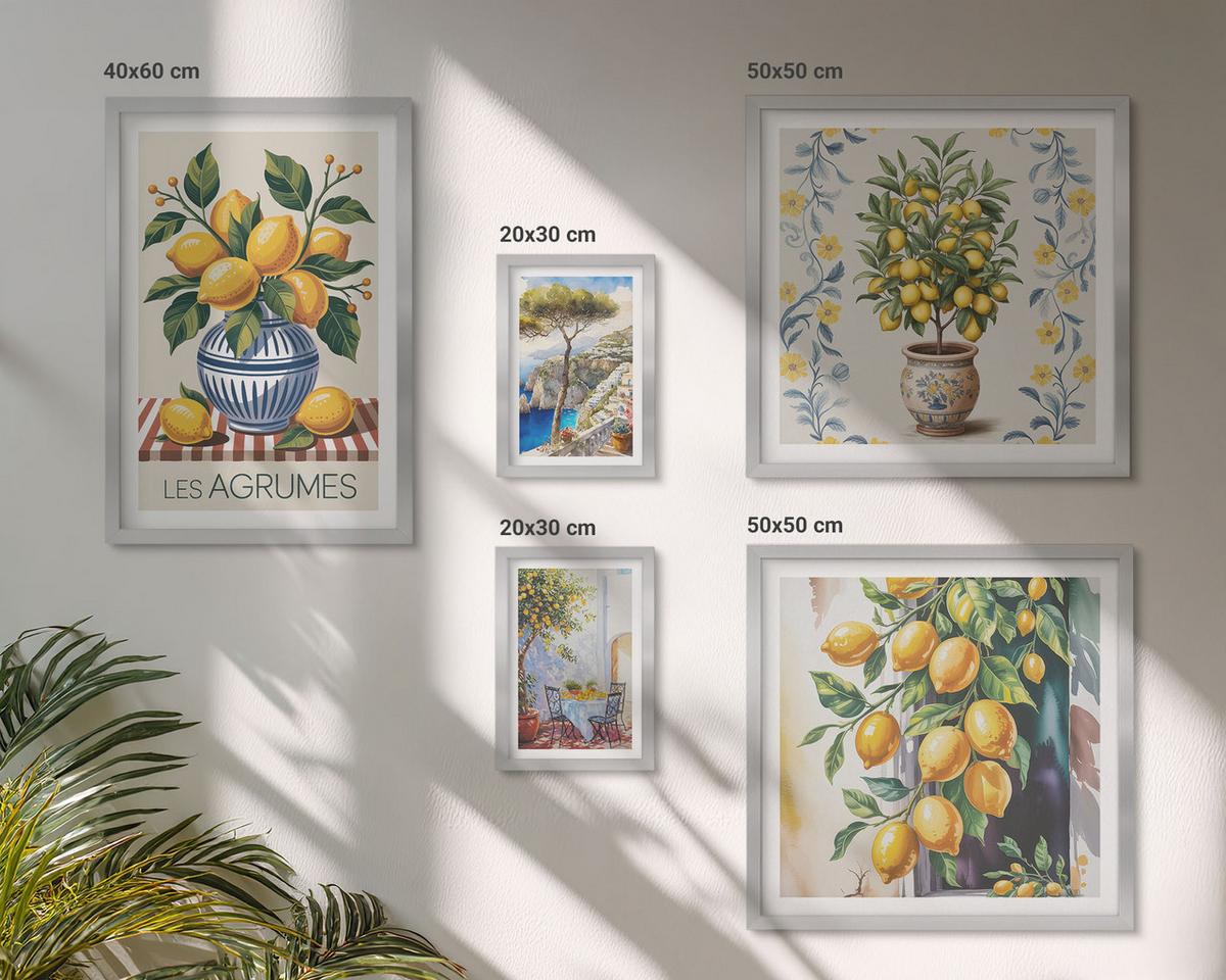 BILDER SET 5er Set - 50x50 cm & 20x30 cm & 40x60 cm Silberner Rahmen - Zitronenbäume am Meer - Silberfarben, Kunststoff (40/60cm) - TULUP
