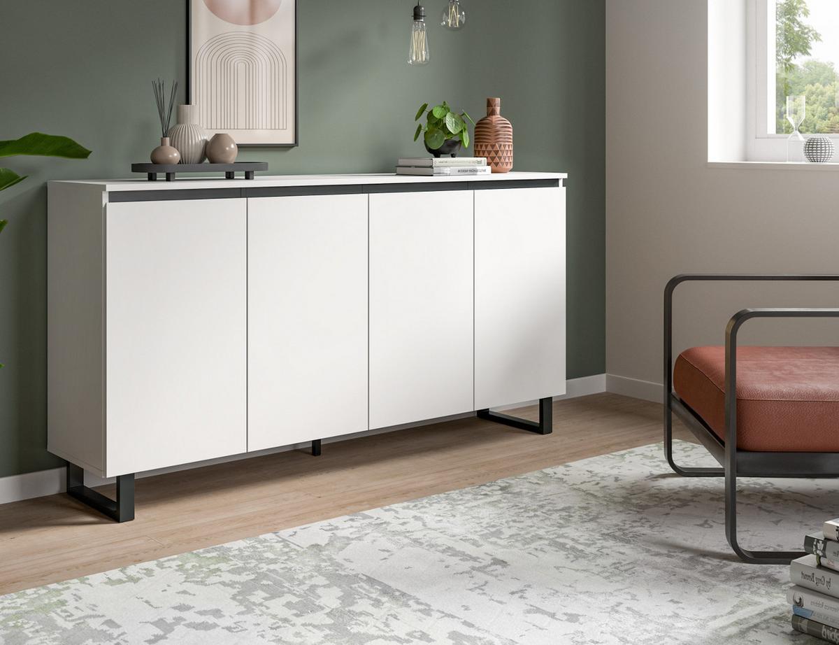 SIDEBOARD Weiß mit Schwarz, Kommode 4 Türen / 8 Fächer 160 cm mit Soft-Close - Schwarz/Weiß, Holzwerkstoff/Metall (160/84/36cm) - Inn.Furn