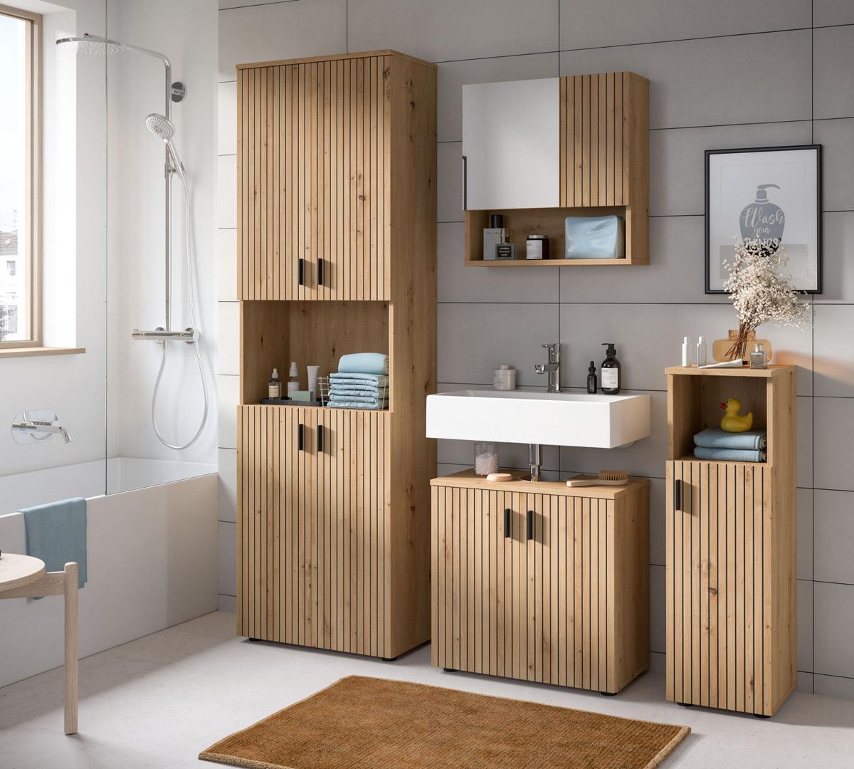 BADMÖBEL-SET Eiche Artisan 2-teilig 60 cm, Badezimmerkombination mit Rillen-Optik - Schwarz/Eiche Artisan, Glas/Holzwerkstoff (60/180/30cm) - Inn.Furn