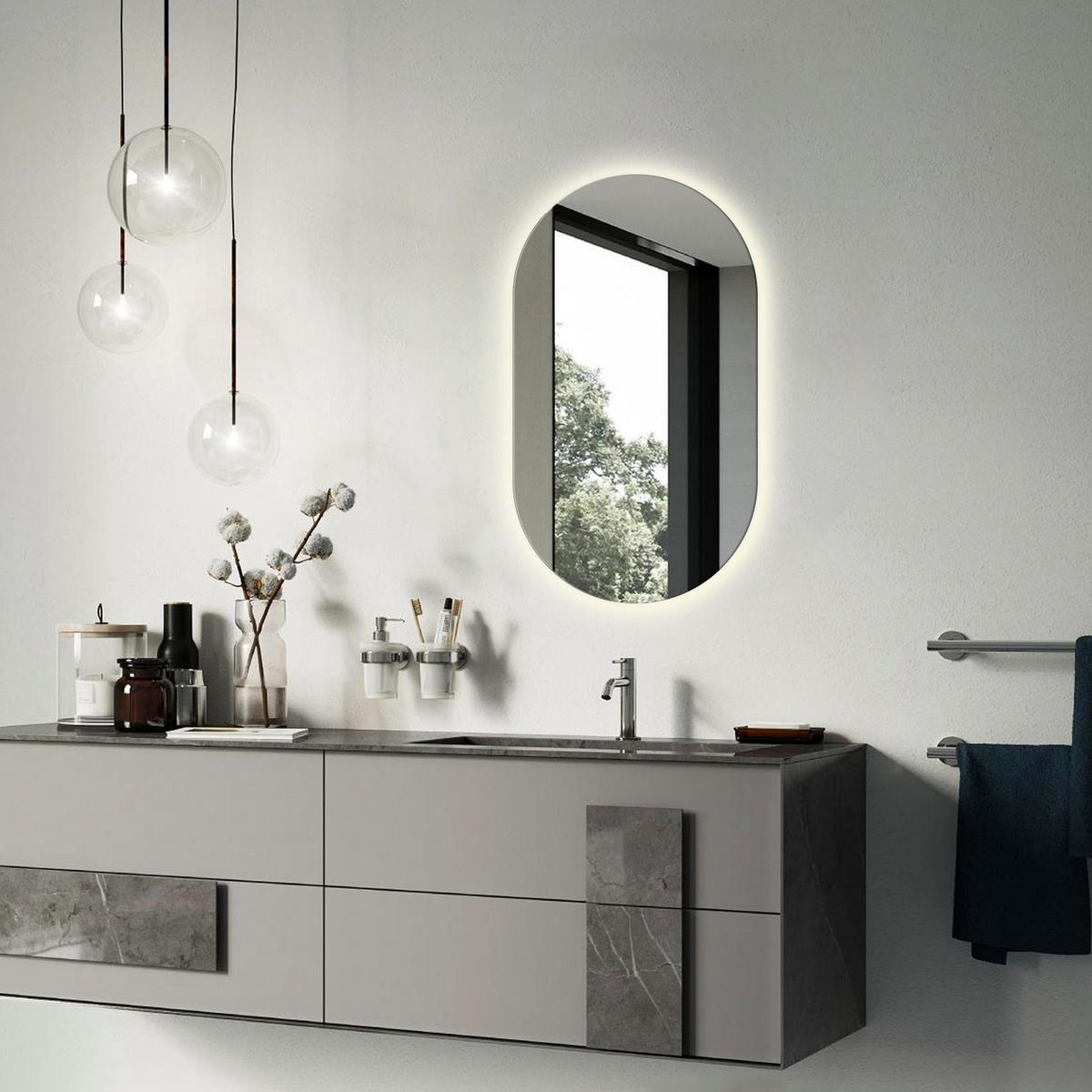 LED-SPIEGEL 52x90 cm Asymmetrisch Warmweiß 3000K - Gelb, Glas (52/90/0.4cm) - Wallfluent