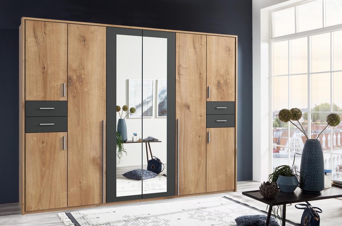 DREHTÜRENSCHRANK B273/H210/T58 cm, Eiche Dekor mit Absetzungen in Grafit, Kleiderschrank mit Passepartout & 2 Spiegeltüren & Schubkästen / 22576 - Eichefarben/Silberfarben, Holzwerkstoff/Kunststoff (273/210/58cm) - luma-home
