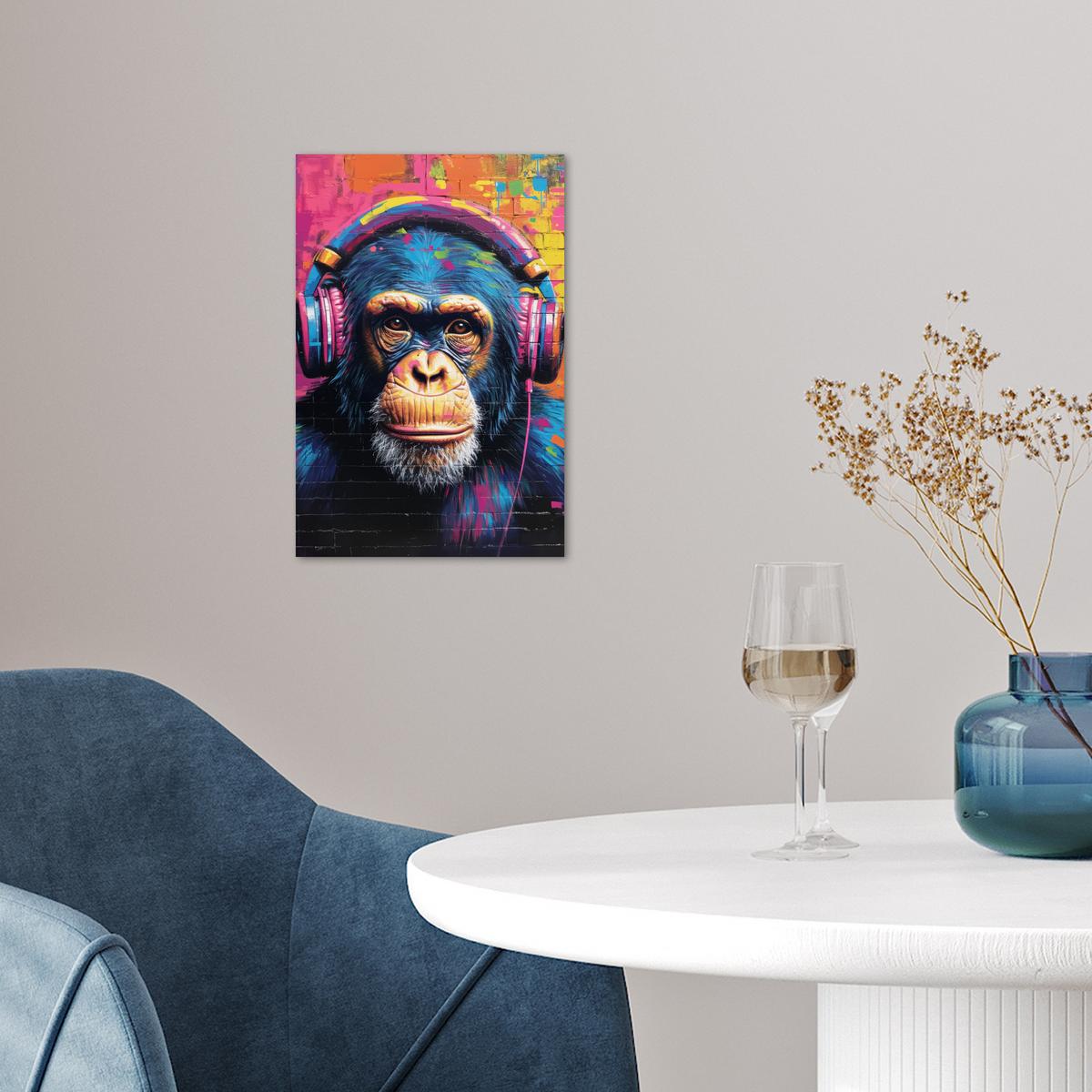 POSTER Graffiti - Schimpanse - Straßenkunst - Kopfhörer - Affe Room Decor 20x30 cm - Blau, Papier (20/30/0.1cm) - MuchoWow