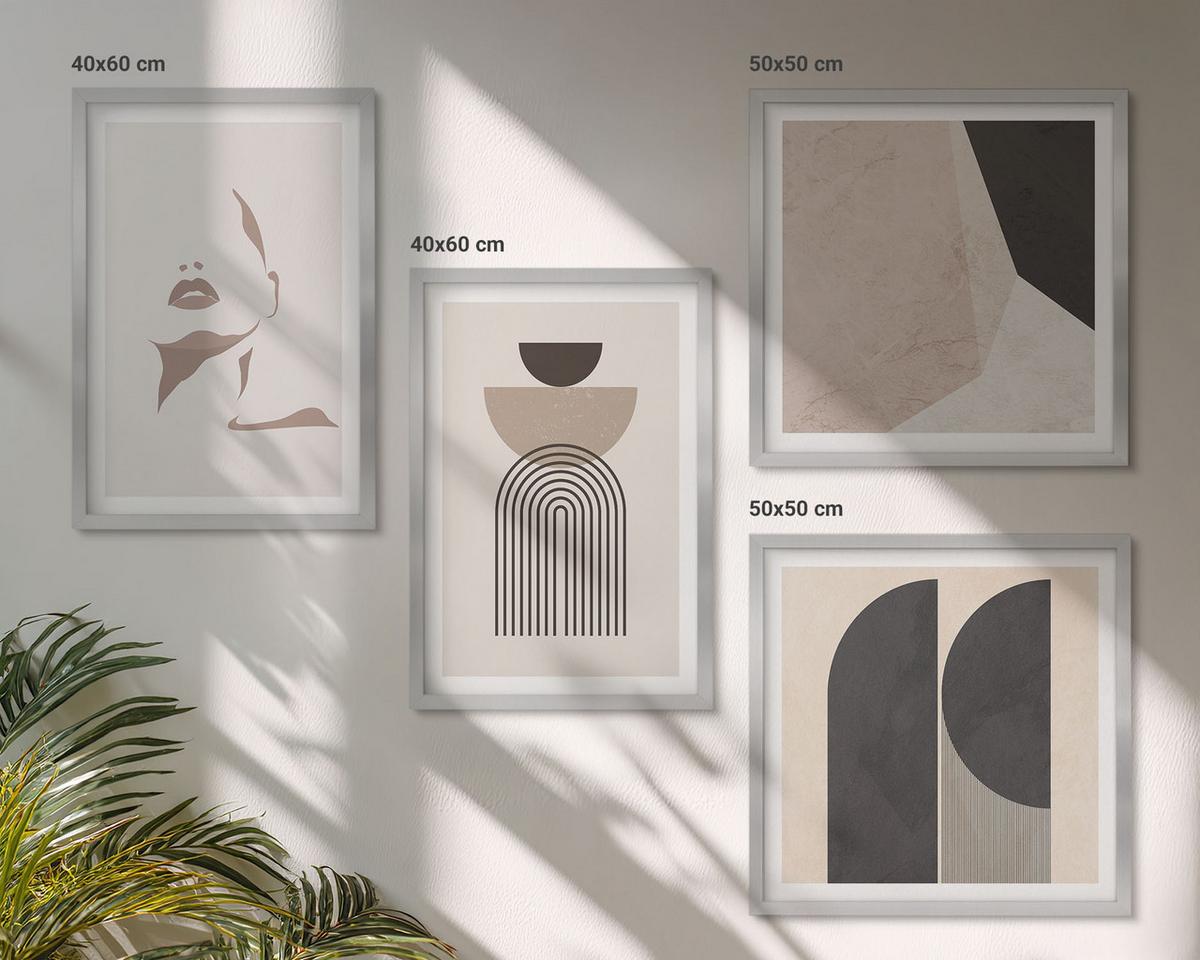 BILDER SET 4er Set - 50x50 cm & 40x60 cm Silberner Rahmen - Abstrakte weiß-braune Muster - Silberfarben, Kunststoff (50/50cm) - TULUP