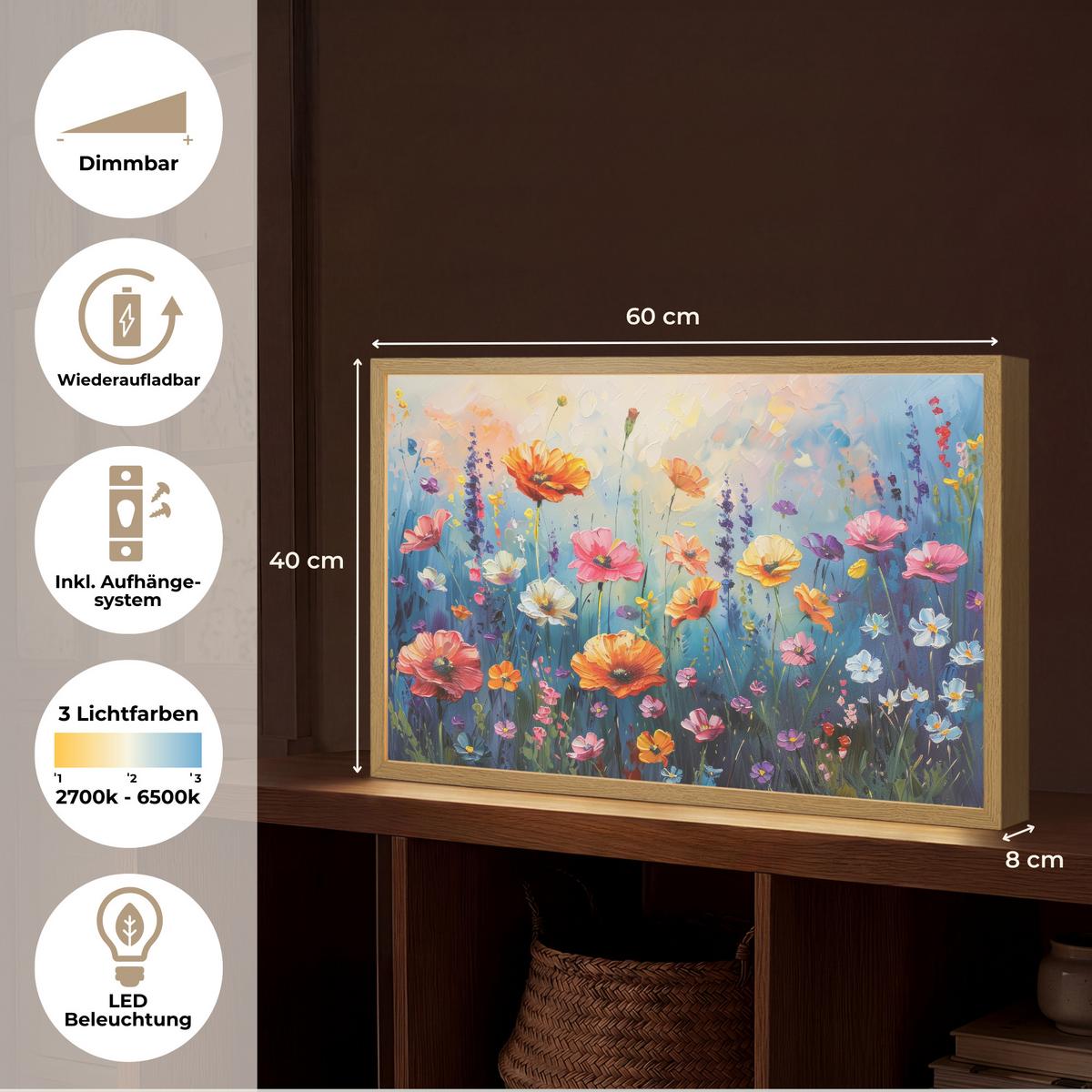 WANDLEUCHTE MIT AKKU Blumen - Natur - Aquarell - Kunst 60x40 cm - Multicolor, Holzwerkstoff (60/40/8cm) - OnlyWow