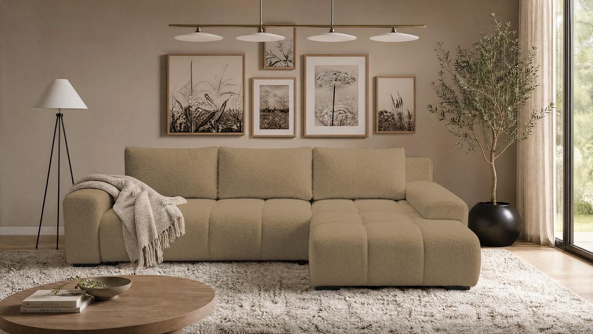 ECKSOFA Ovia mit Bettkasten und Schlaffunktion, Bouclé-Stoff in L-Form - Cappuccino, Textil (270/185cm)