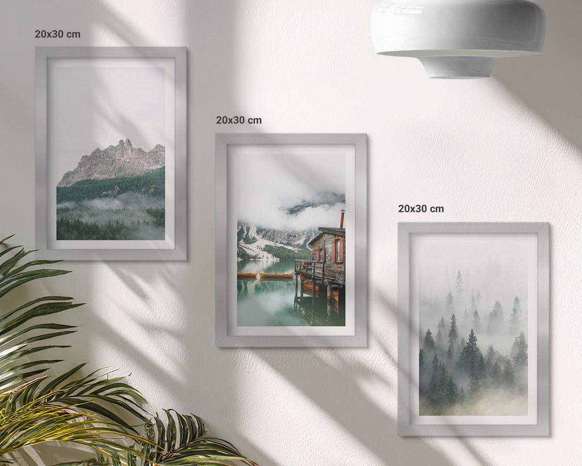 BILDER SET 3er Set - 20x30 cm Silberner Rahmen - Berge, See, Hütte, Nebel - Silberfarben, Kunststoff (20/30cm) - TULUP