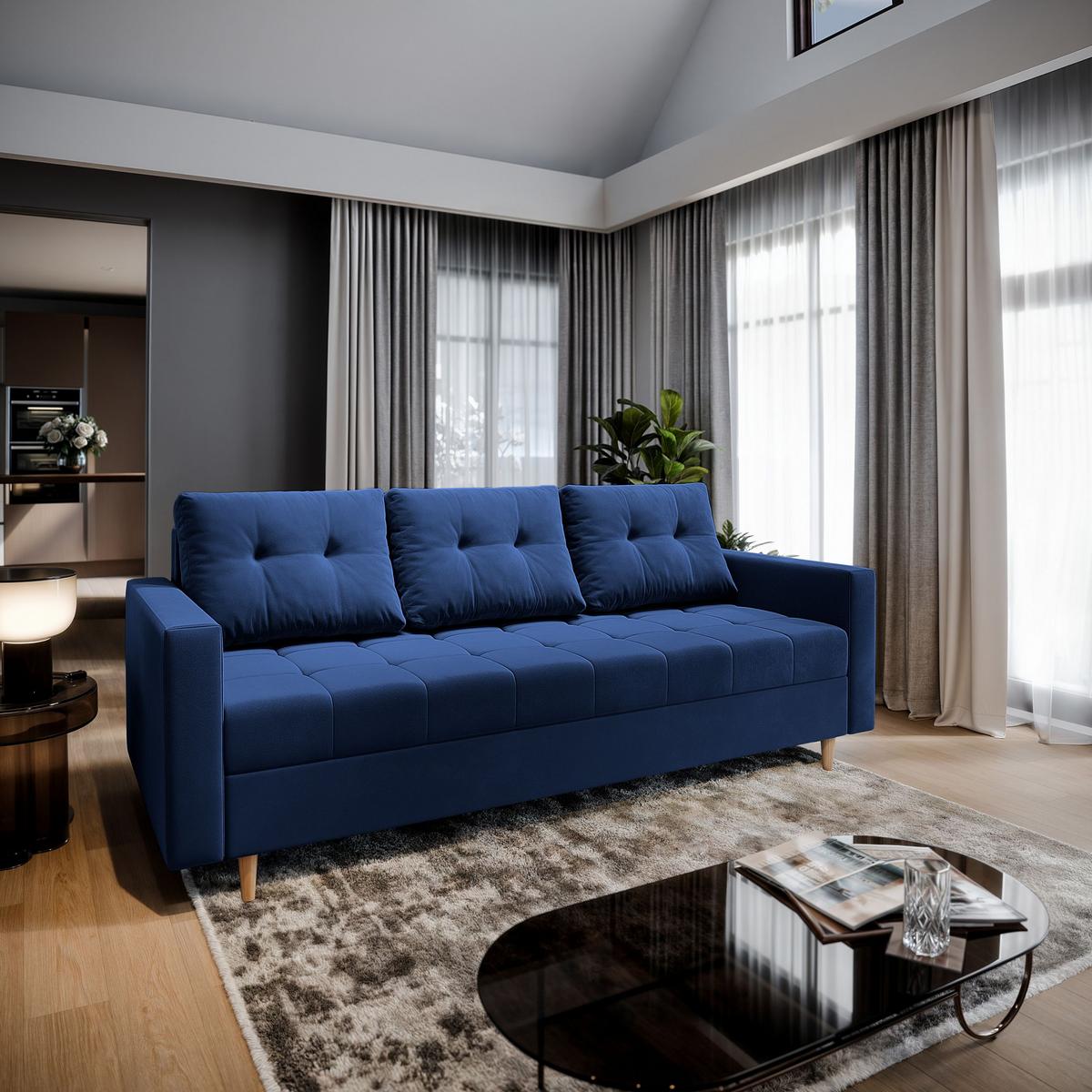 BETTSOFA MILO Blau Plüsch-Stoff mit Schlaffunktion - Blau, Textil (220/93/87cm) - MASSENO