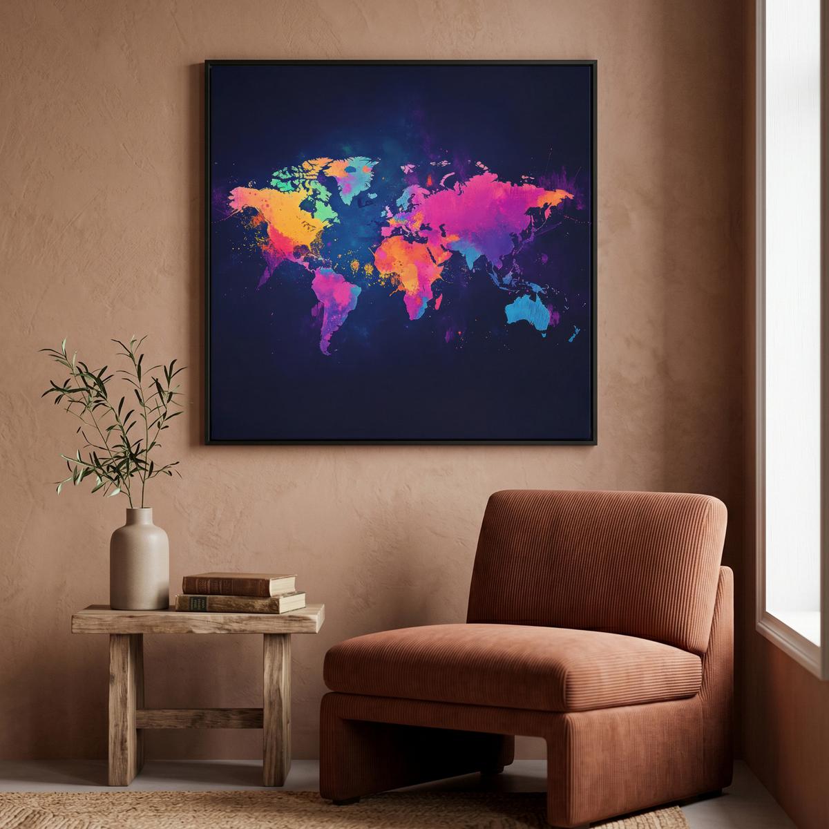 LEINWAND Bilder mit Rahmen - Weltkarte - Bunt - Graffiti - 90x90 - Multicolor, Textil (90/90cm) - MuchoWow