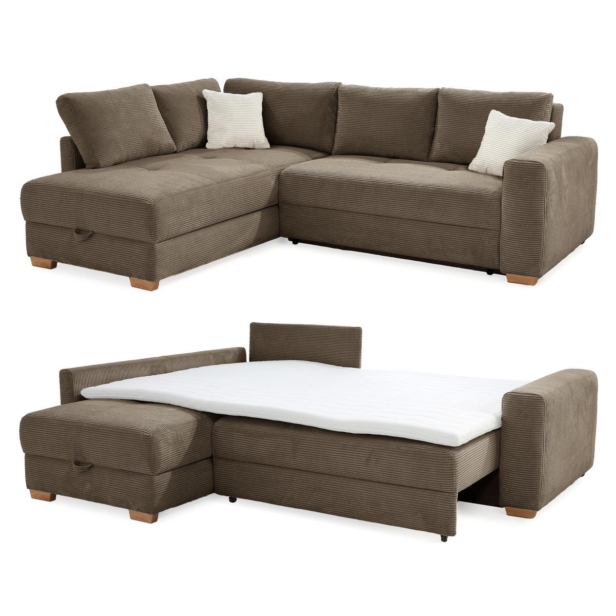 ECKSOFA-DAUERSCHLÄFER Boxspring Federkern Topper Bettkasten, seitenverkehrt montierbar B257/T206/H85 cm, Braun Taupe / 15210 - Braun, Holzwerkstoff (257/206cm) - luma-home