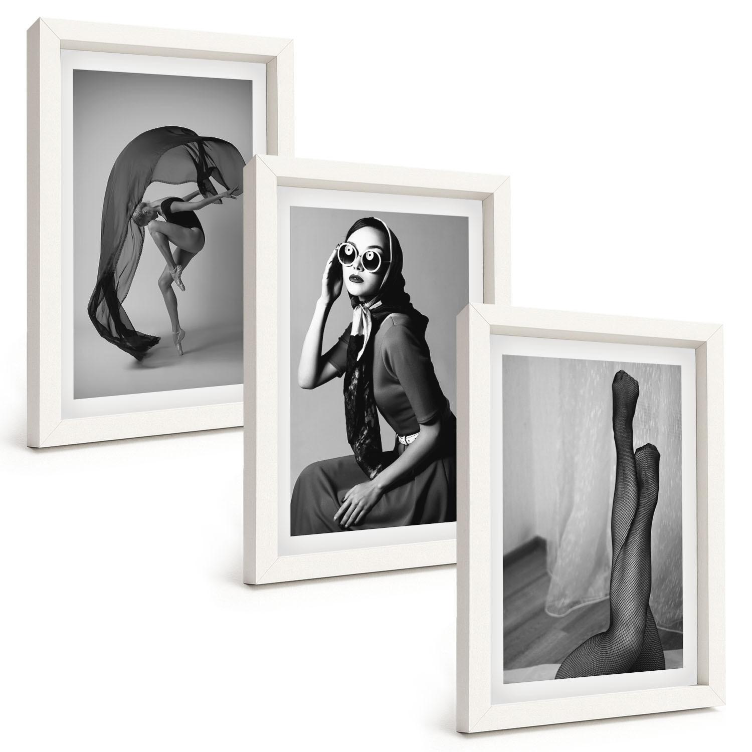BILDER SET 3er Set - 20x30 cm Weißer Rahmen - Schwarz-Weiß-Porträts von Frauen - Weiß, Kunststoff (20/30cm) - TULUP
