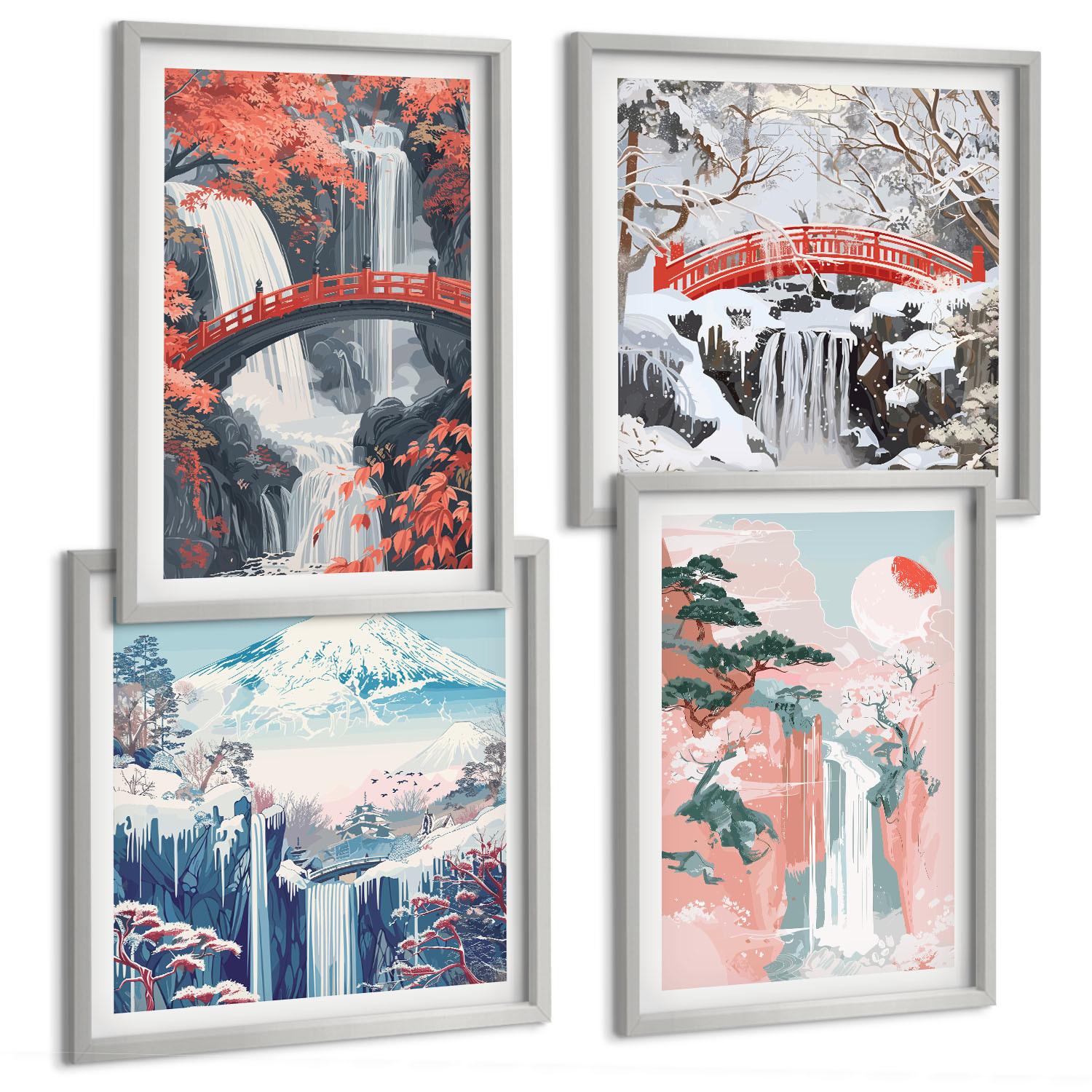 BILDER SET 4er Set - 50x50 cm & 40x60 cm Silberner Rahmen - Wasserfälle, Brücken, Bäume, Jahreszeiten - Silberfarben, Kunststoff (50/50cm) - TULUP