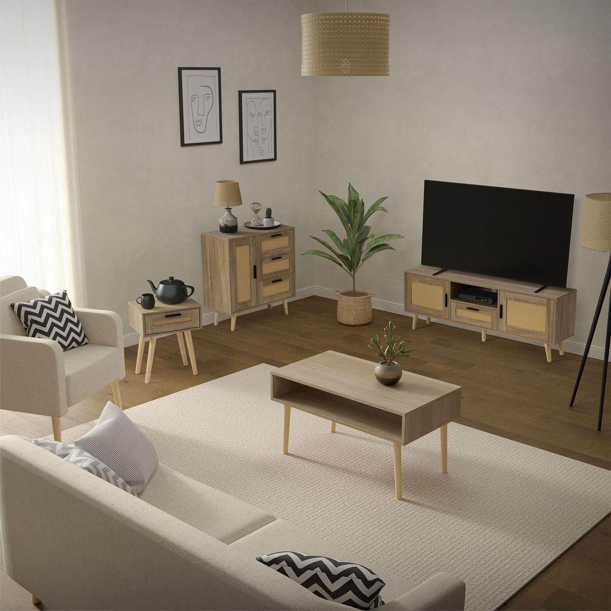 NACHTTISCH mit 1 Schublade 40x50,5x30 cm Eiche Optik Rattanfront - Beige/Naturfarben, Holz/Holzwerkstoff (40/50.5/30cm) - ML-DESIGN