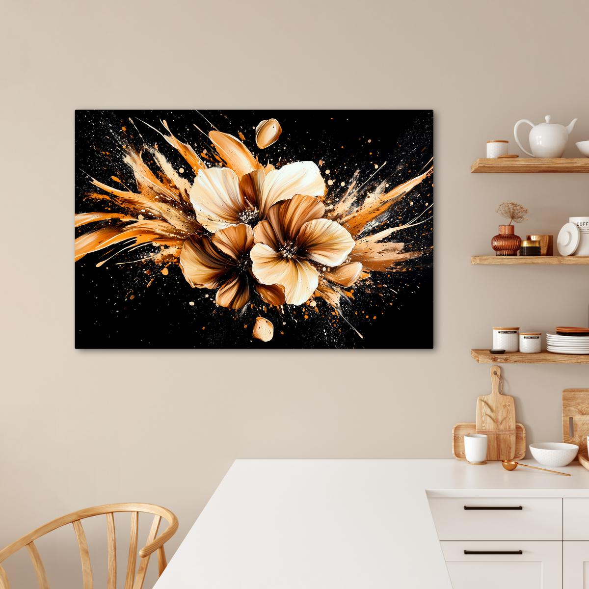 LEINWANDBILD Blumen - Gold - Graffiti - Schwarz - Abstrakt Wohnzimmer Groß 120x80 cm - Cappuccino, Textil (120/80cm) - MuchoWow