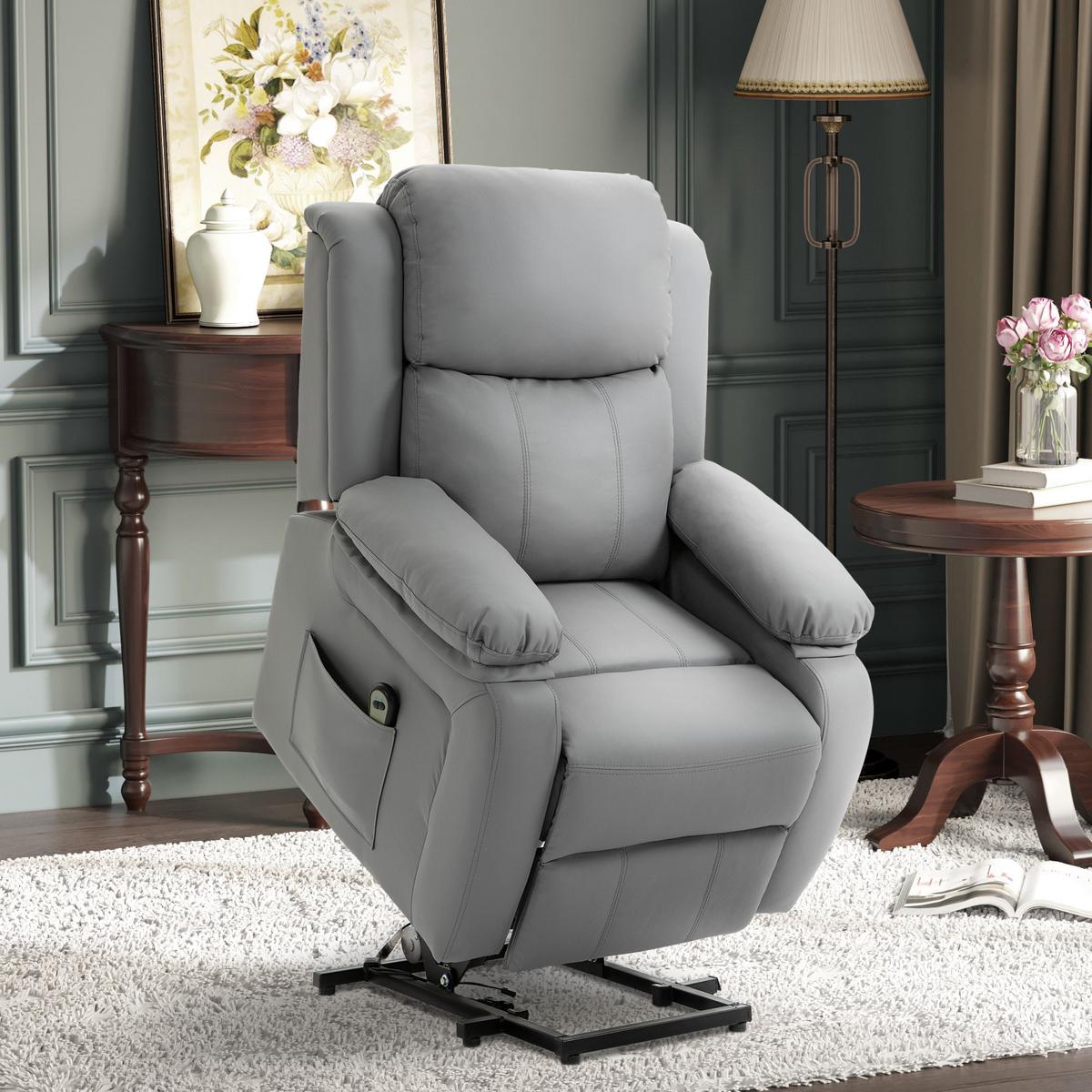 FERNSEHSESSEL mit Aufstehhilfe, Liegefunktion, Fernbedienung für Wohnzimmer Grau - Schwarz/Grau, Textil/Metall (76/105/90cm) - HOMCOM