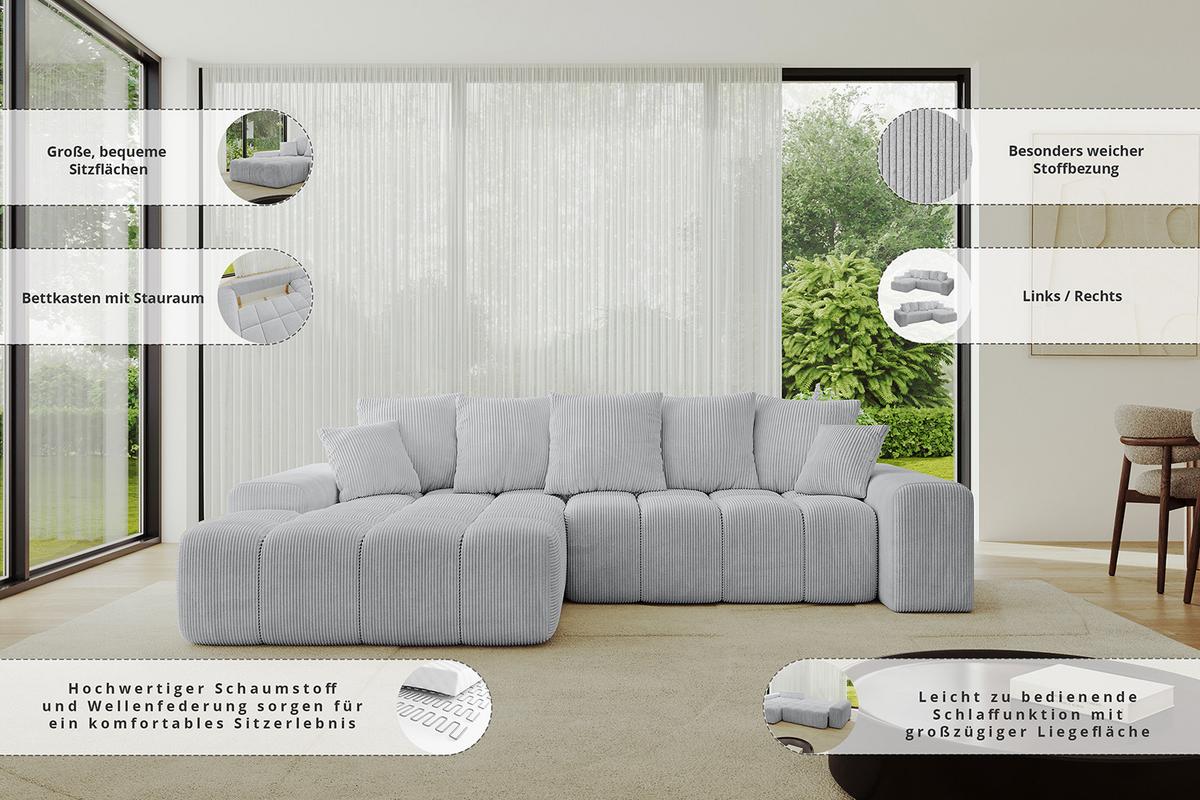 ECKSOFA Ottomane Links ENSI-L - 267x164x69 cm Platinfarben - Platinfarben, Holzwerkstoff/Kunststoff (267/164cm) - ALTDECOR