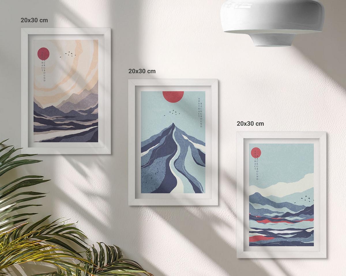 BILDER SET 3er Set - 20x30 cm Weißer Rahmen - Abstrakte japanische Berge - Weiß, Kunststoff (20/30cm) - TULUP