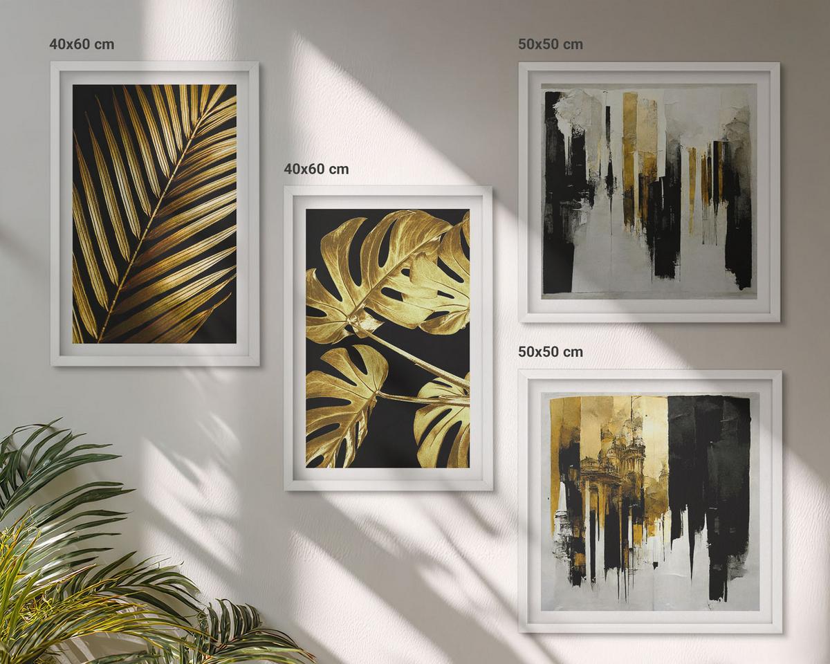 BILDER SET 4er Set - 50x50 cm & 40x60 cm Weißer Rahmen - Abstrakte Monstera-Palmenblätter - Weiß, Kunststoff (50/50cm) - TULUP