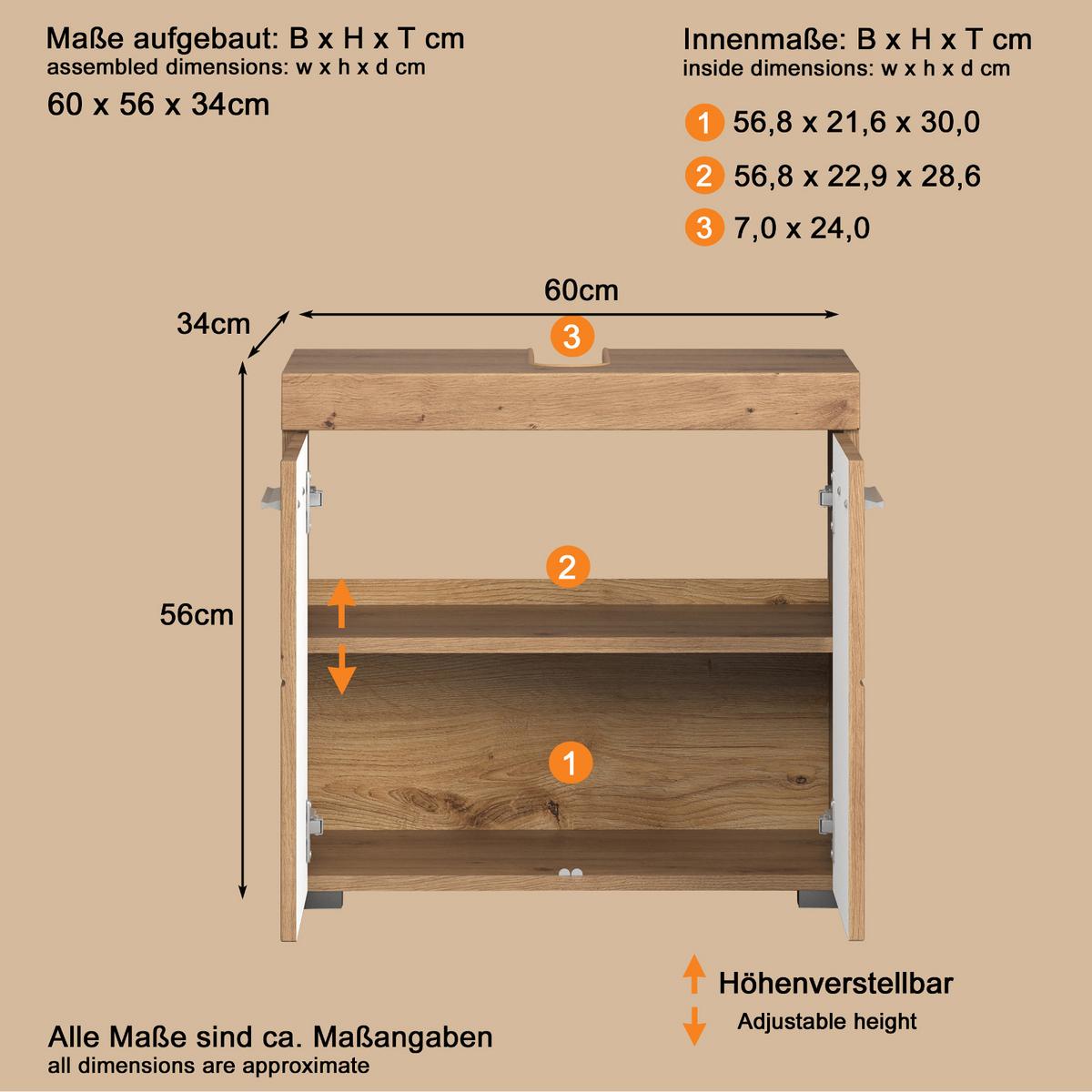 WASCHBECKENUNTERSCHRANK Asteiche 60 x 56 cm, Badschrank 2-türig - Eichefarben, Holzwerkstoff/Kunststoff (60/56/34cm) - Top.Furn