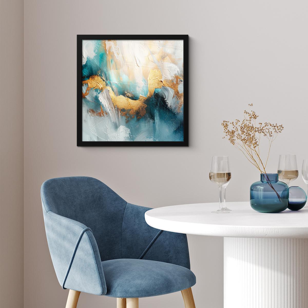 POSTER MIT RAHMENGERAHMTES BILD Abstrakt - Kunst - Gold - Blau 40x40 cm - Petrol, Papier (40/40cm) - MuchoWow