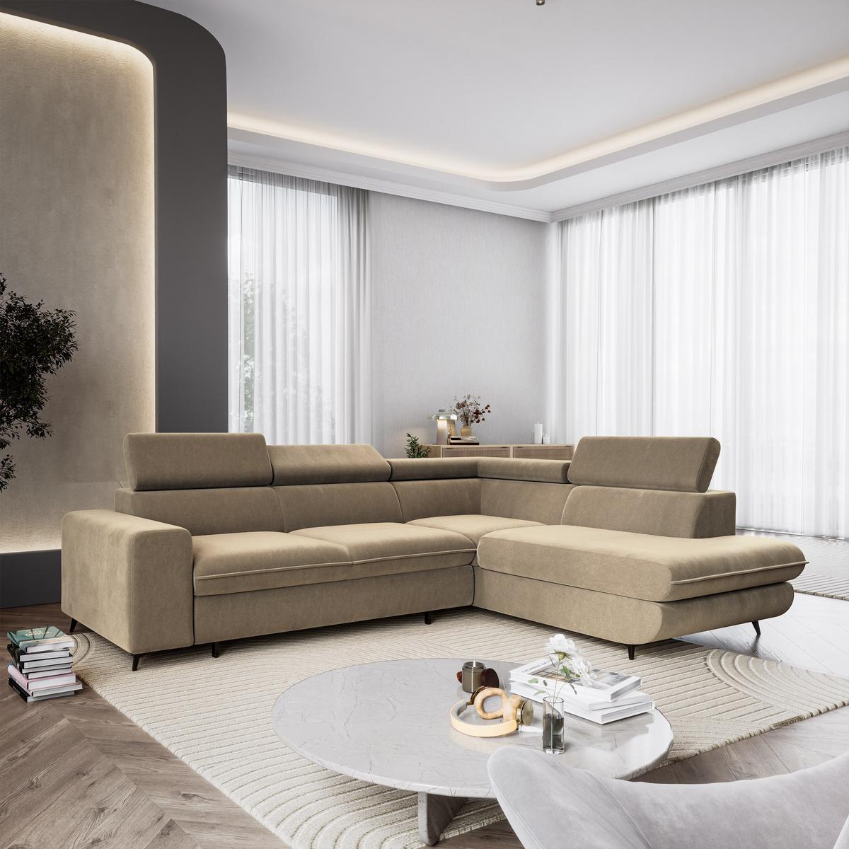 ECKSOFA VELISS Beige Veloursstoff mit Schlaffunktion - Beige, Holz (255/193cm) - MASSENO