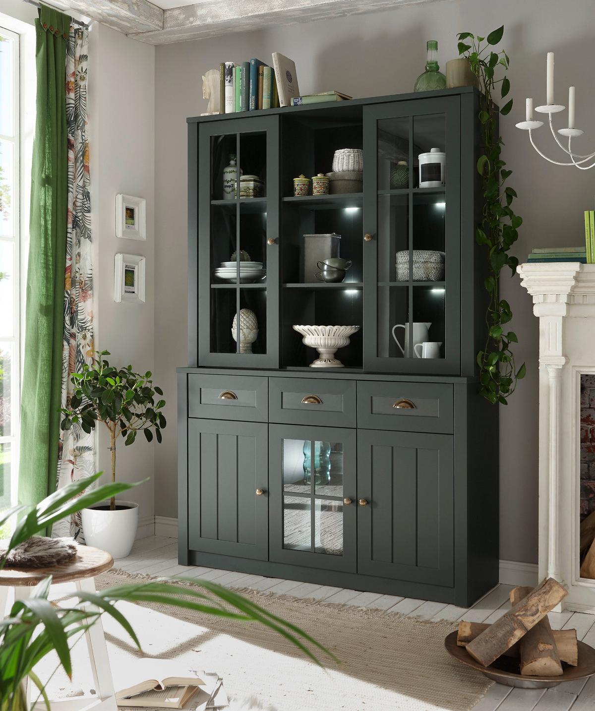 BUFFETSCHRANK grün 130 x 196 cm, Buffet Landhaus-Stil - Chromfarben/Schwarz, Glas/Holzwerkstoff (130/196/43cm) - Furn.Design