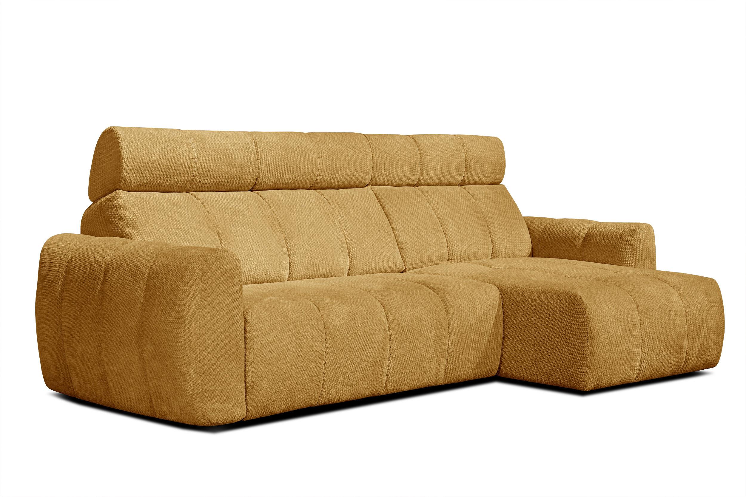 ECKSOFA KIMI 3-Sitzer, ausziehbarer Sitz, verstellbare Kopfstützen, senfgelb - Gelb/Schwarz, Holzwerkstoff/Textil (270/160cm) - Wozimo