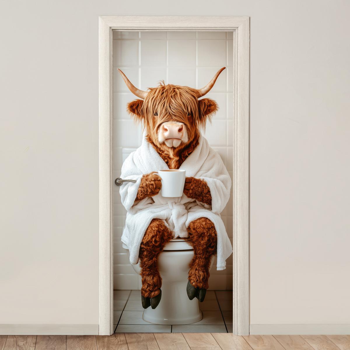 TÜRAUFKLEBER Schottischer Highlander - WC - Bademantel - Modern - Tiere Wanddeko 90x205 cm - Türtapete - Kastanienfarben, Kunststoff (90/0.1/205cm) - MuchoWow