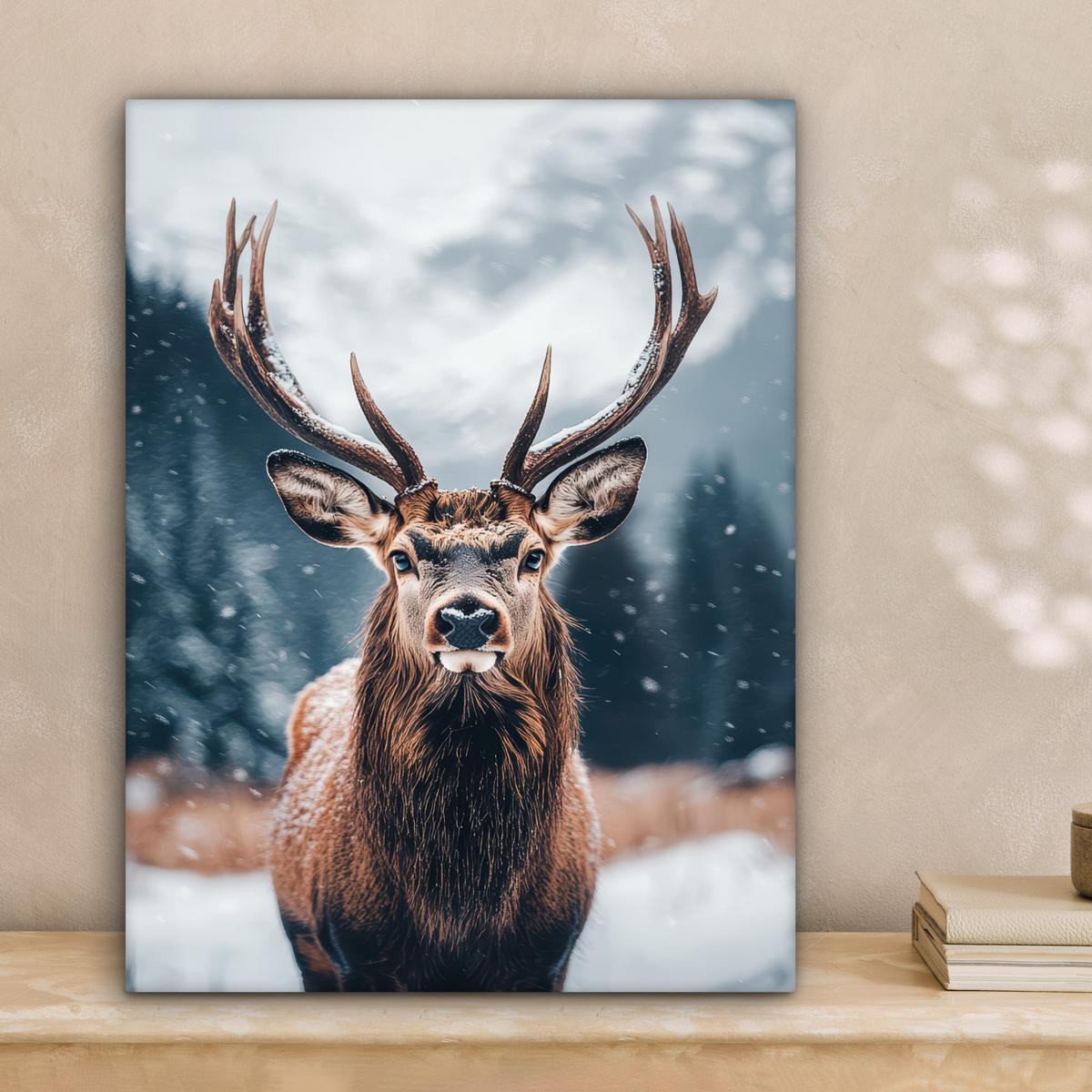 LEINWANDBILD Hirsche - Tiere - Landschaft - Winter - Schnee Room Decor 30x40 cm - Kastanienfarben, Textil (30/40cm) - MuchoWow