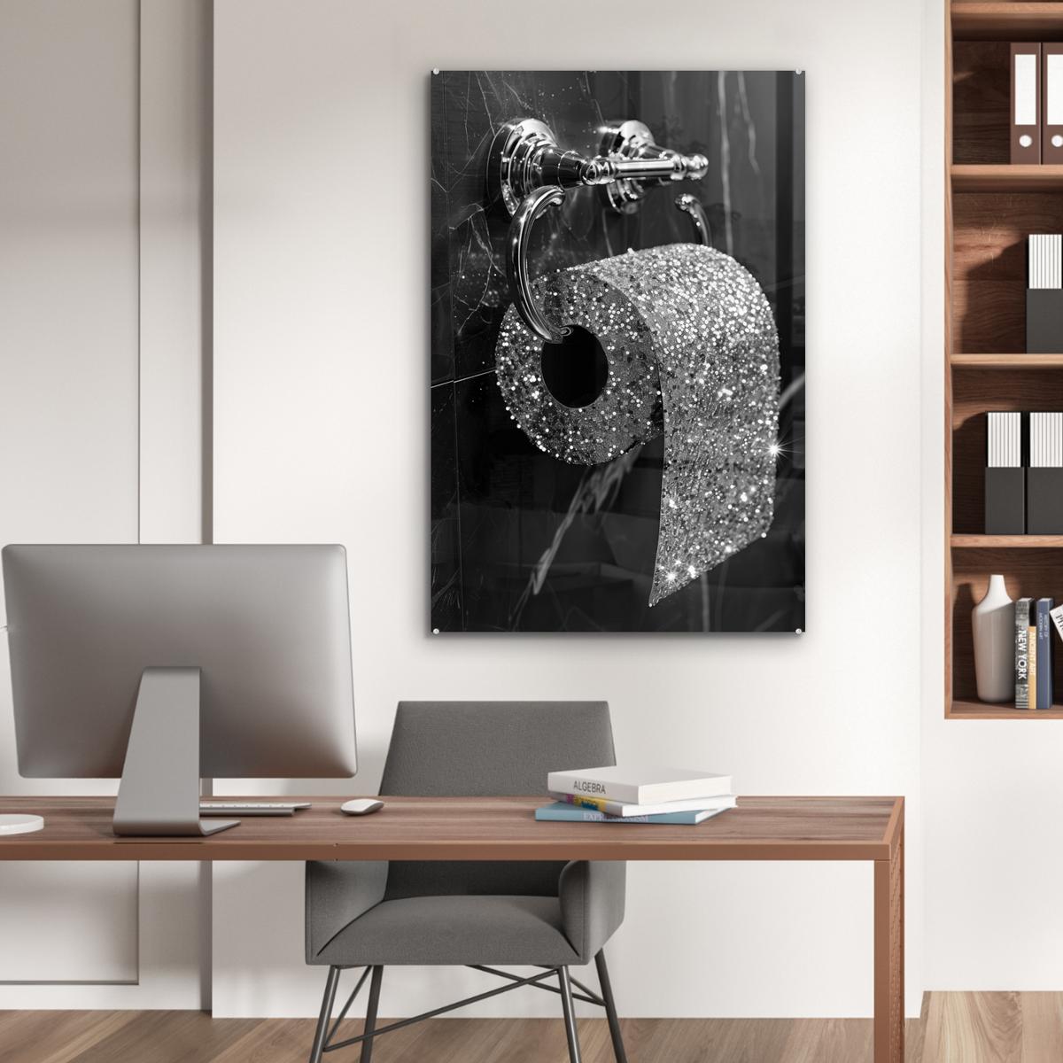 ACRYLGLASBILD WC - Toilettenpapier - Schwarz und weiß - Glitter 80x120 cm - Silberfarben, Glas (80/120cm) - MuchoWow