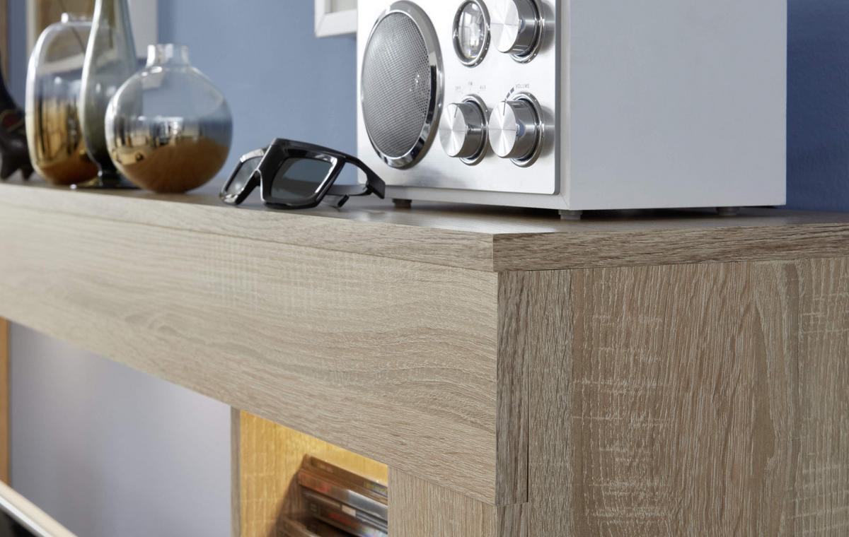 WOHNWAND Sonoma Eiche hell sägerau, weiß 240 cm, Schrankwand mit viel Stauraum - Silberfarben/Schwarz, Holzwerkstoff/Kunststoff (240/185/41cm) - Top.Furn