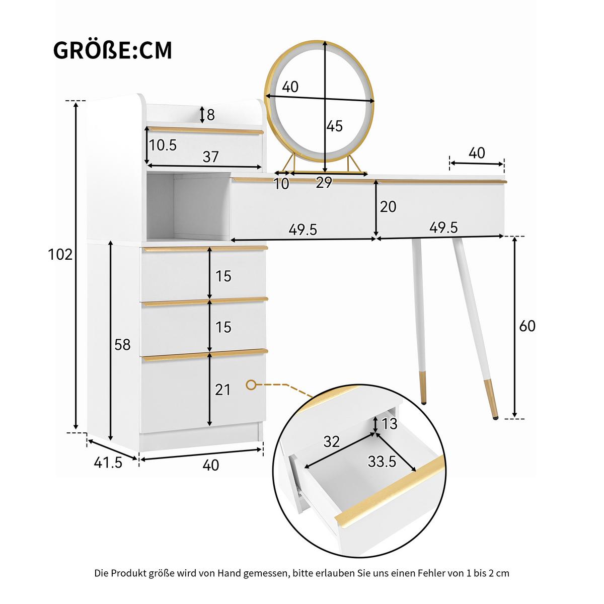 SCHMINKTISCH mit LED-Spiegel, 6 Schubladen & großem Stauraum - Weiß, Holzwerkstoff/Metall (100/102/42cm) - Urban Meuble