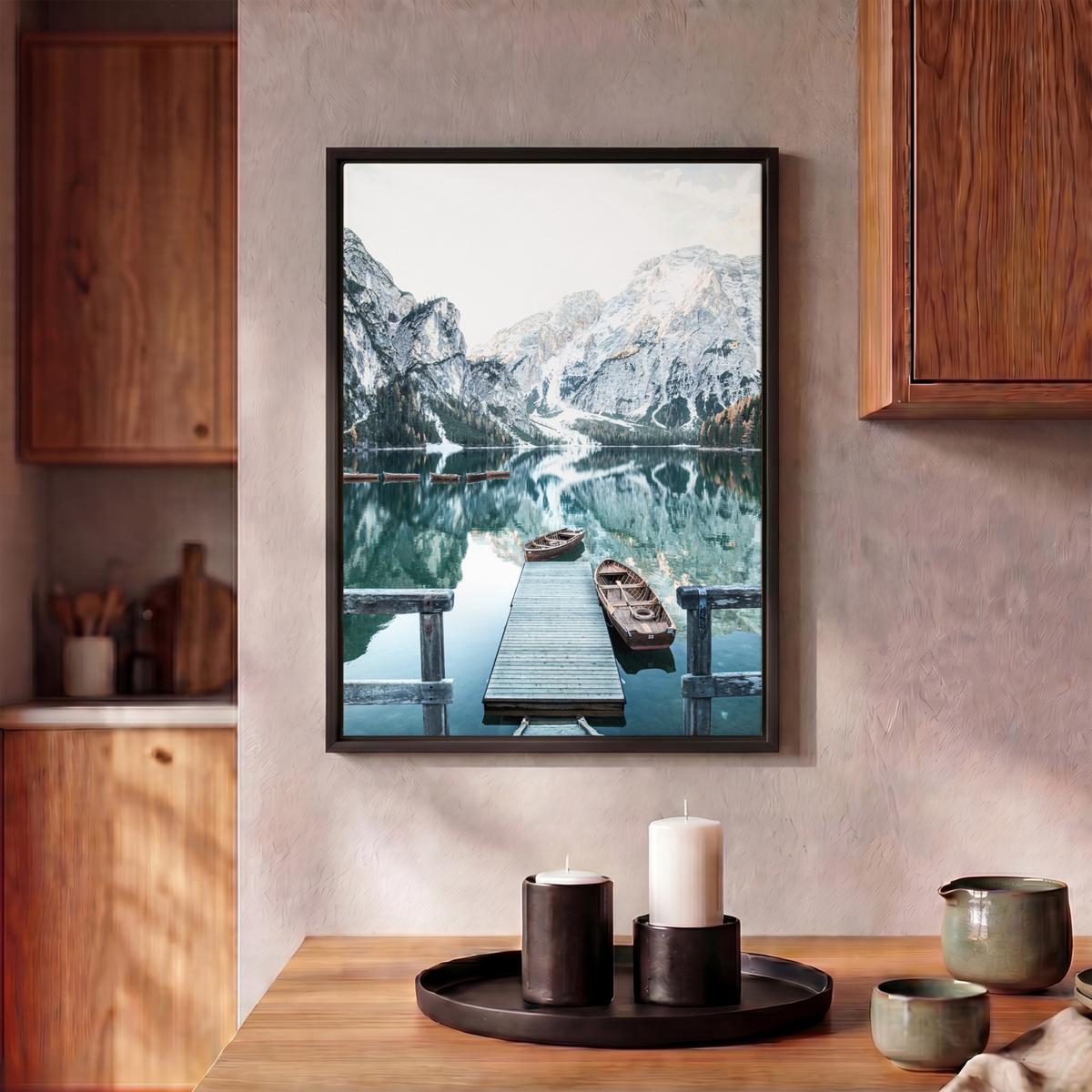 LEINWAND Bilder mit Rahmen - Natur - Berge - Schnee - Wald - Boot - 30x40 - Hellgrün, Textil (30/40cm) - MuchoWow