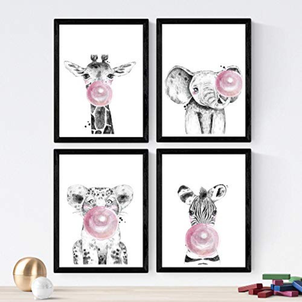 POSTER Set mit 4 Kinder Tiere mit rosa Kaugumm A3 Schwarzer Rahmen - Schwarz, Papier (29.7/3cm) - Nacnic