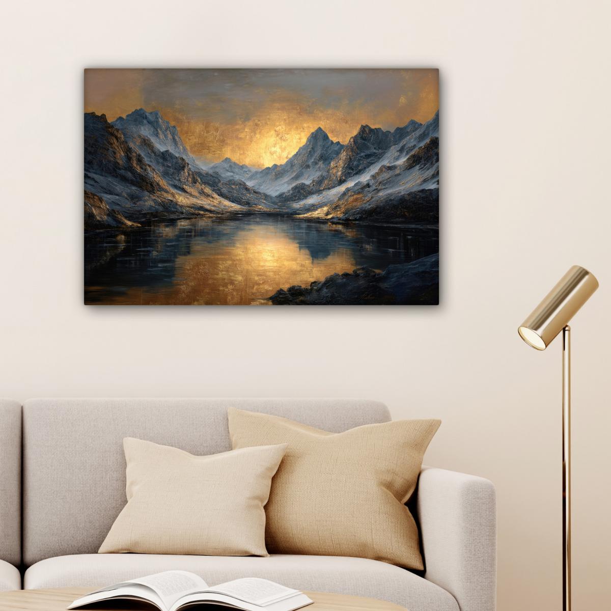 LEINWANDBILD Bergkulisse mit goldenem Sonnenuntergang Gemälde 60x40 cm - Goldfarben, Textil (60/40cm) - MuchoWow