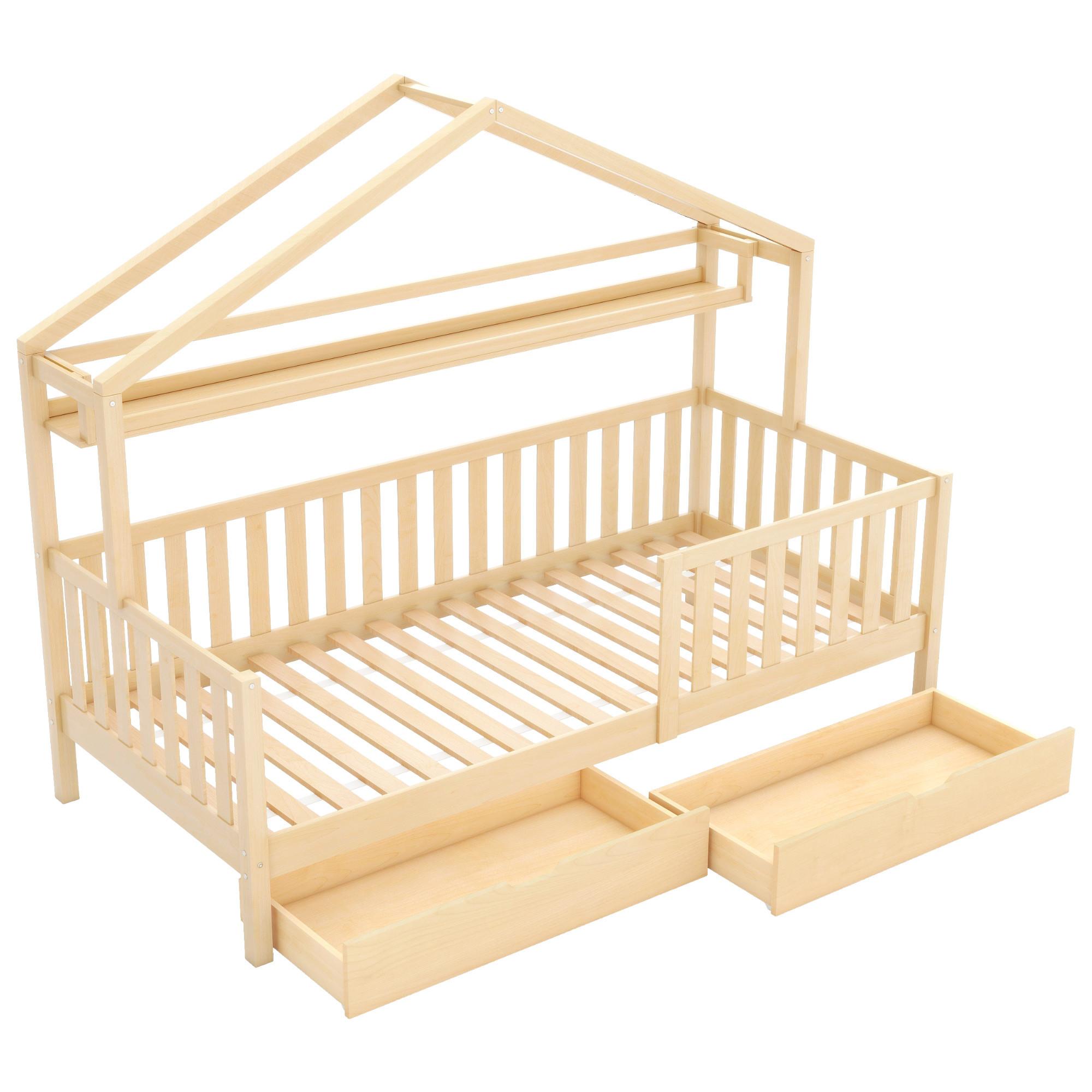 KINDERBETT HAUSBETT 90x200 massivholz in natur mit 2 schubladen - Naturfarben, Holz (90/200cm) - Urban Meuble