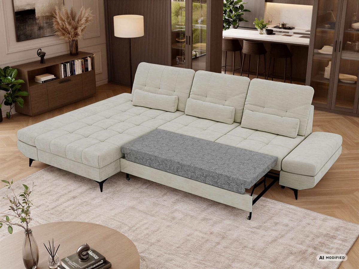 ECKSOFA ALVENO L - Creme Schenille glatt - Links Seite - Creme/Schwarz, Textil/Metall (218/344cm) - MKS
