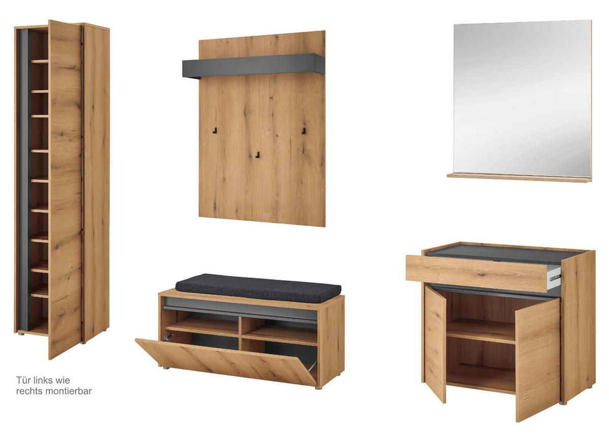 GARDEROBEN-SET Evoke Eiche, grau 6-teilig 260 cm, Garderobenkombination viel Stauraum - Eichefarben/Schwarz, Glas/Holzwerkstoff (260/200/40cm) - Furn.Design