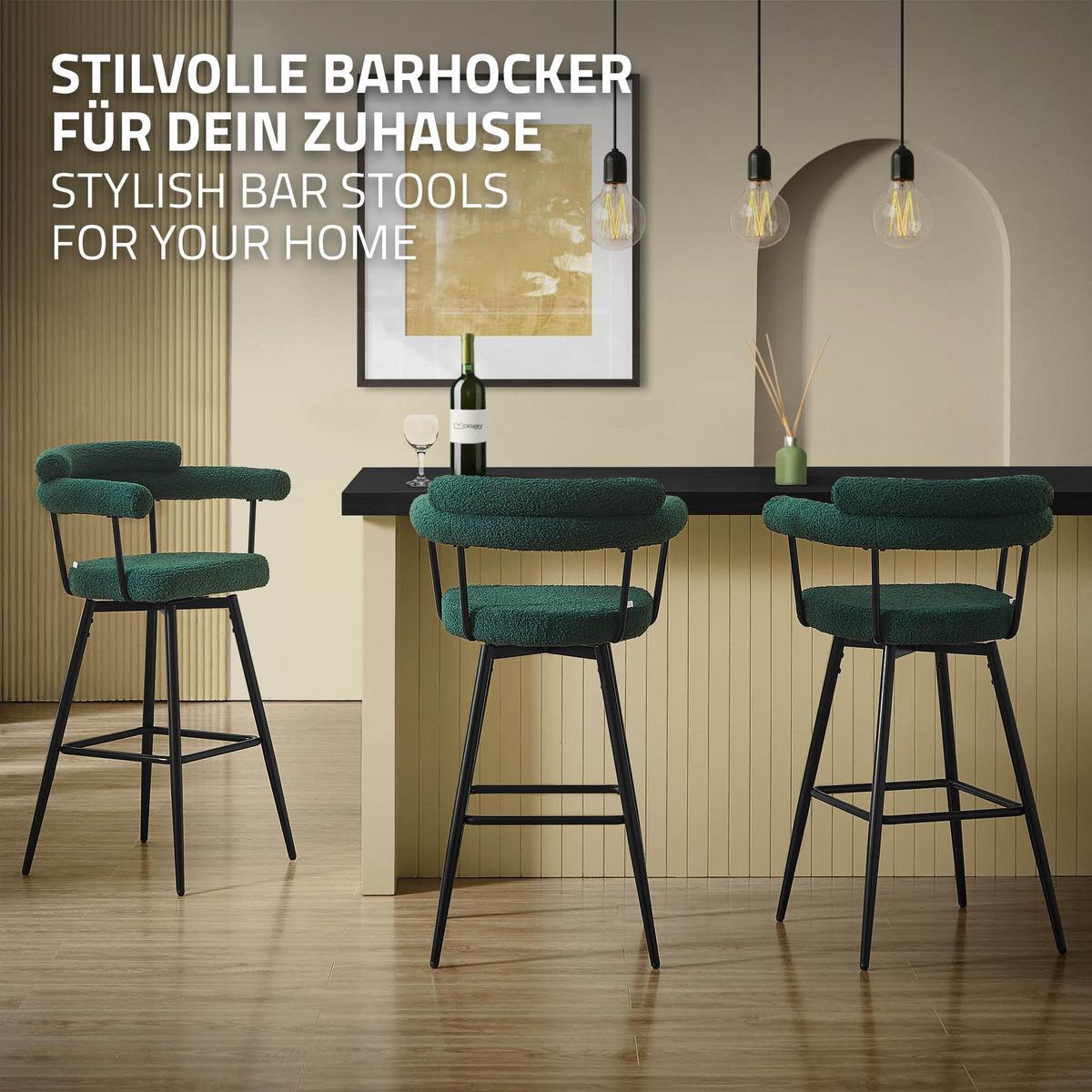 BARHOCKER 2er Set drehbar Dunkelgrün mit Teddy-Stoff 76 cm hoch - Dunkelgrün/Schwarz, Textil/Metall (61/103/55cm) - ML-DESIGN