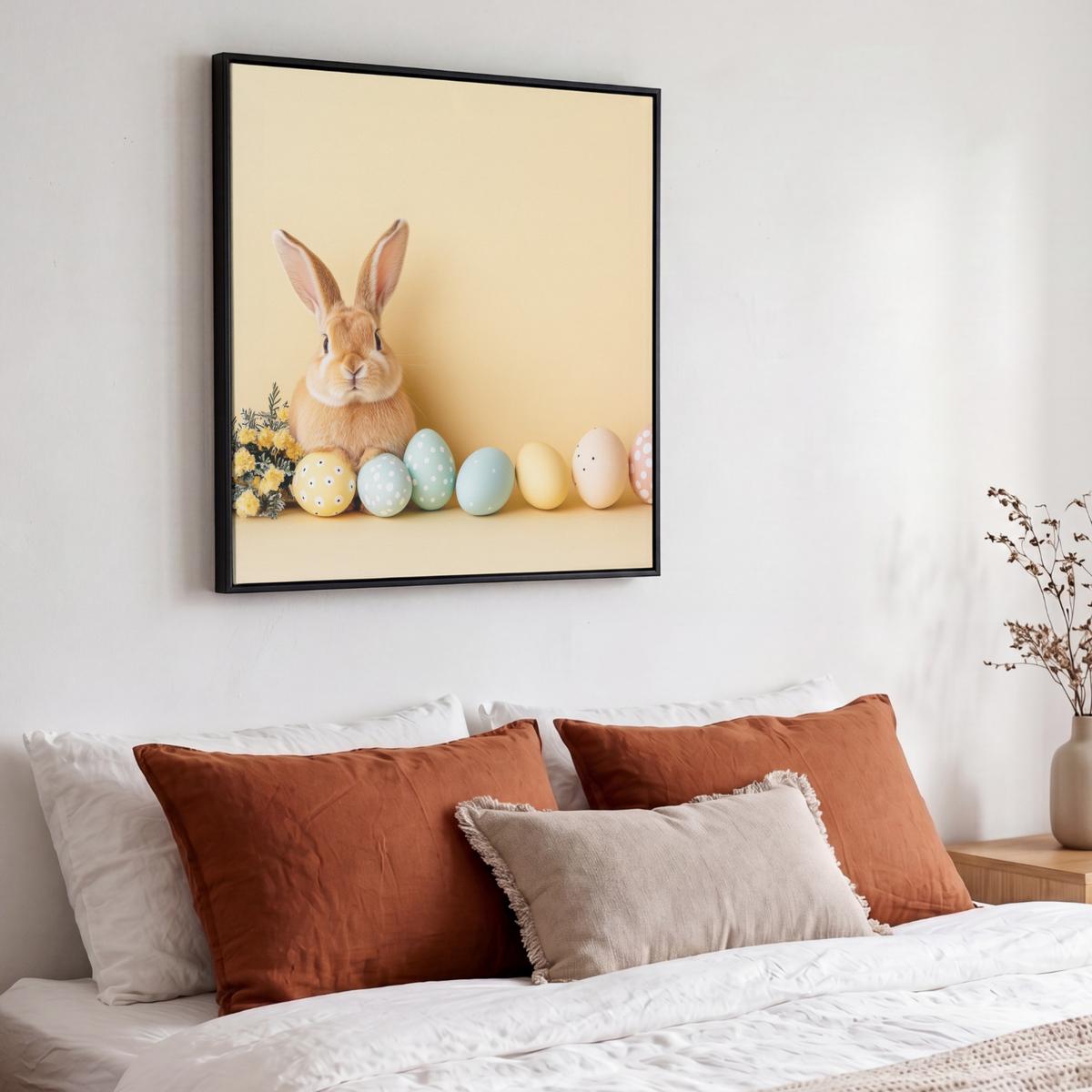 LEINWAND Bilder mit Rahmen - Eier - Kaninchen - Pastellfarbtöne - 50x50 - Hellgelb, Textil (50/50cm) - MuchoWow