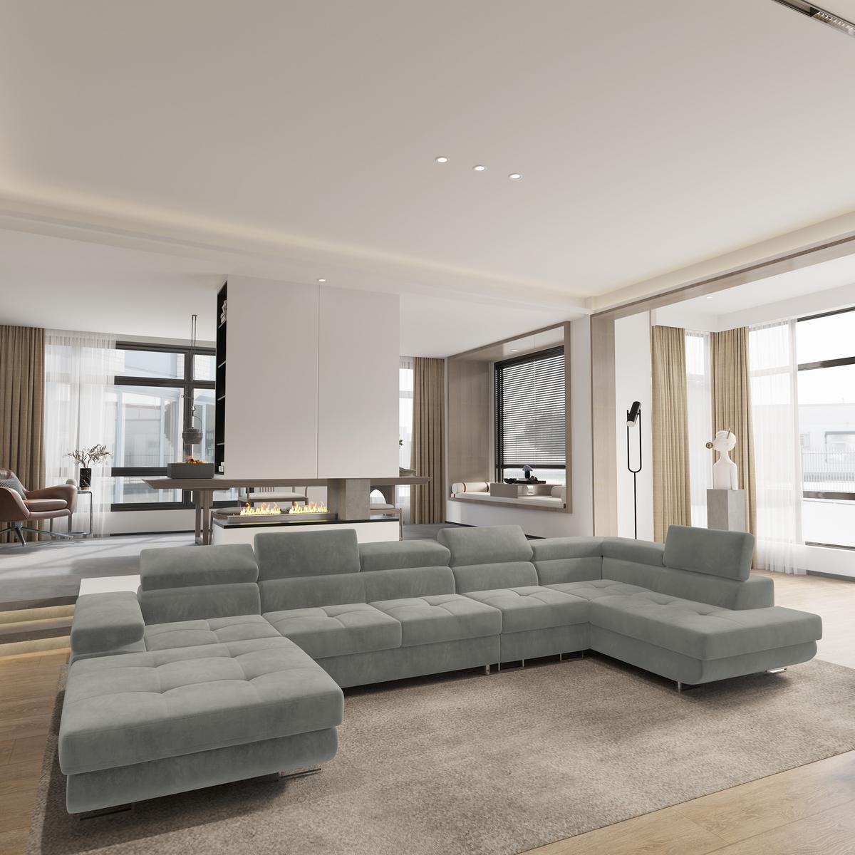 WOHNLANDSCHAFT VELORA R-S Hellgrau Velours-Stoff mit Schlaffunktion - Hellgrau, Holz (419/90/202cm) - MASSENO