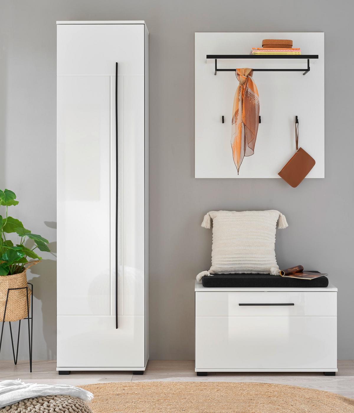 SCHUHSCHRANK weiß Hochglanz 50 x 200 cm, Stauraumschrank mit 6 Fächern - Weiß Hochglanz/Schwarz, Holzwerkstoff/Kunststoff (50/200/39cm) - Furn.Design