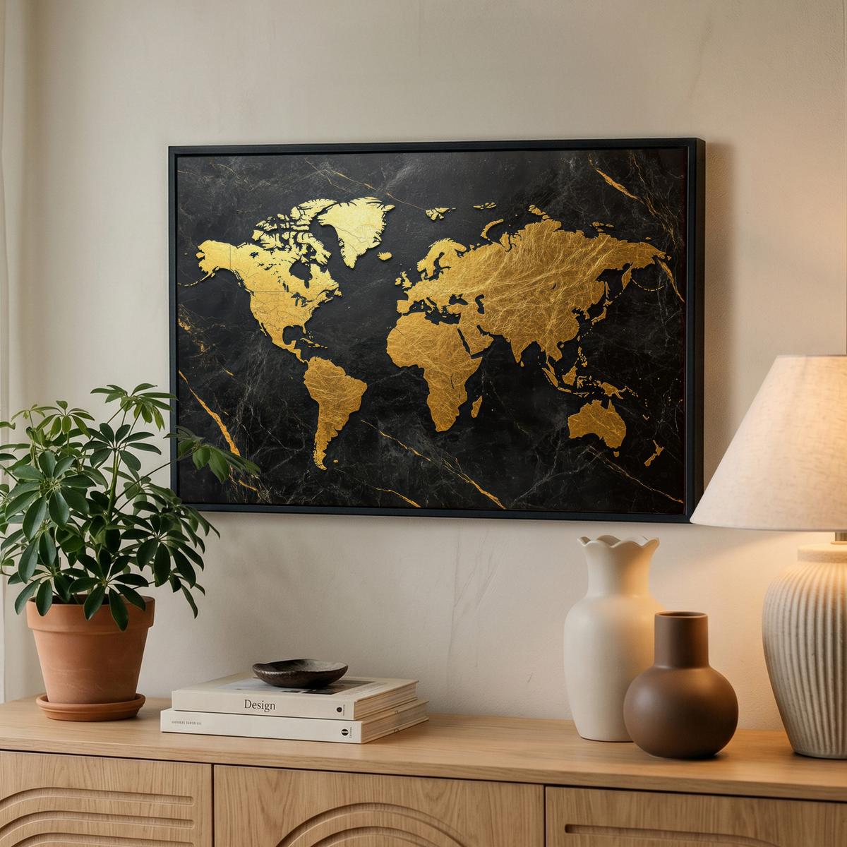 LEINWAND Bilder mit Rahmen - Weltkarte - Gold - Marmor - 60x40 - Goldfarben, Textil (60/40cm) - MuchoWow
