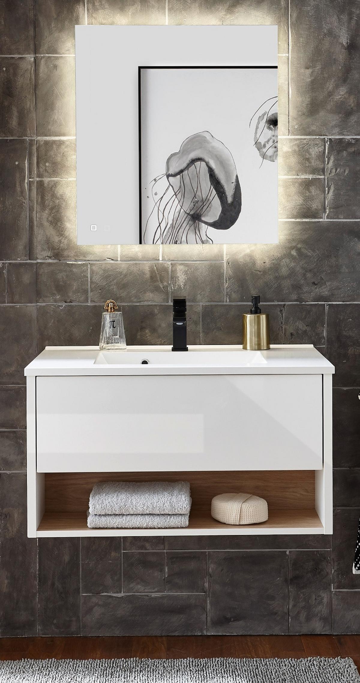 BADMÖBEL-SET weiß Hochglanz, Eiche 80 cm, Komplettset mit Waschbecken und LED Beleuchtung - Weiß Hochglanz/Eichefarben, Glas/Holzwerkstoff (80/190/47cm) - Furn.Design