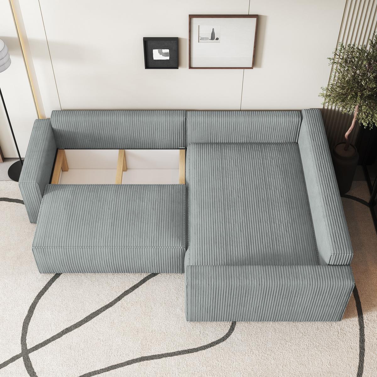 ECKSOFA ERONIS R-S Hellgrau Kordstoff mit Schlaffunktion - Hellgrau, Holz (265/194cm) - MASSENO