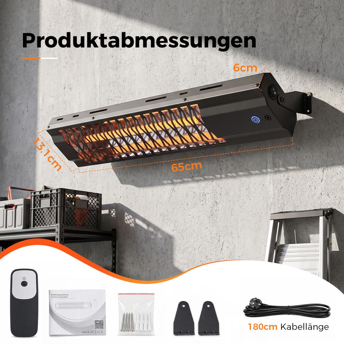 INFRAROTHEIZUNG Quorlen 65/13.1/6 cm - Schwarz, Metall (13.1/6/65cm) - ZMH